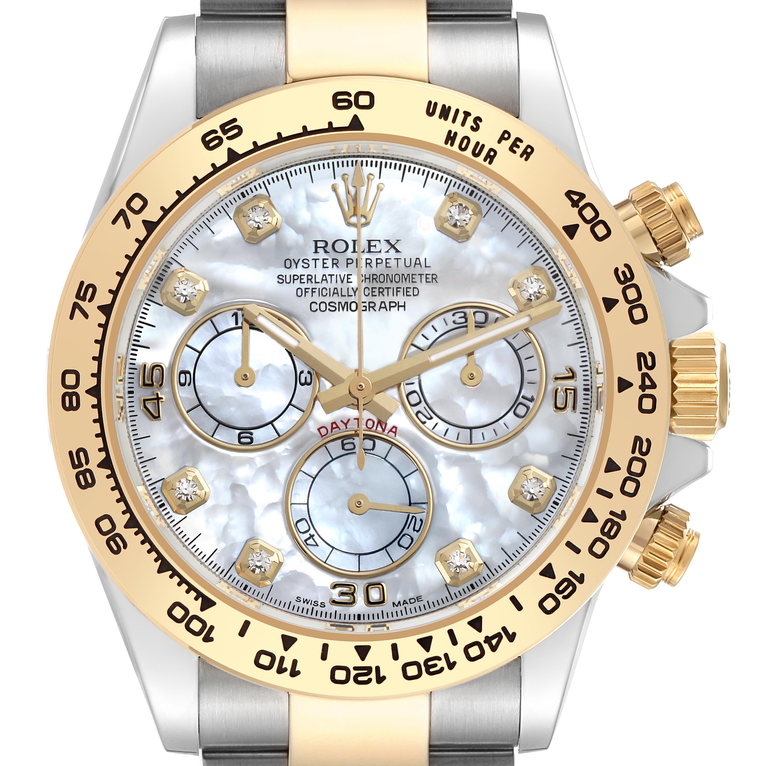 The Rolex Daytona 116503 Men's Steel and Gold (two tone) Mother of Pearl Dial 116503 Men's Steel and Gold (two tone) Mother of Pearl Dial watch is shown from a front angle, highlighting the dial, bezel, and crown.