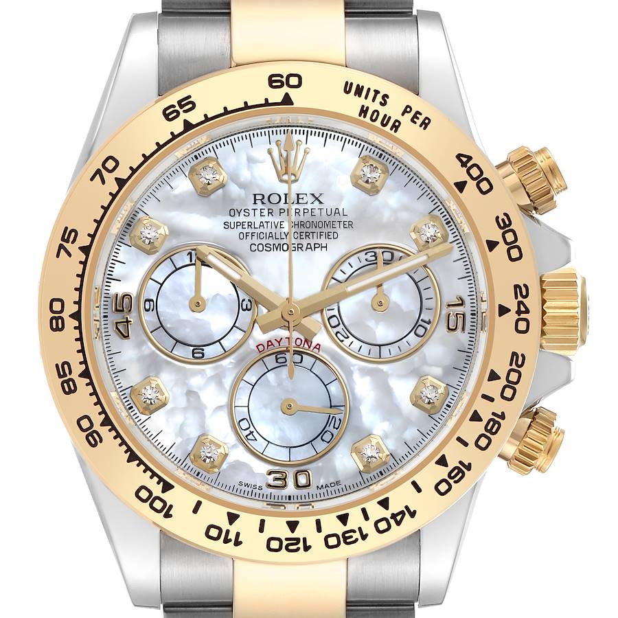 The Rolex Daytona watch is shown from a front angle, highlighting the dial, bezel, and crown.