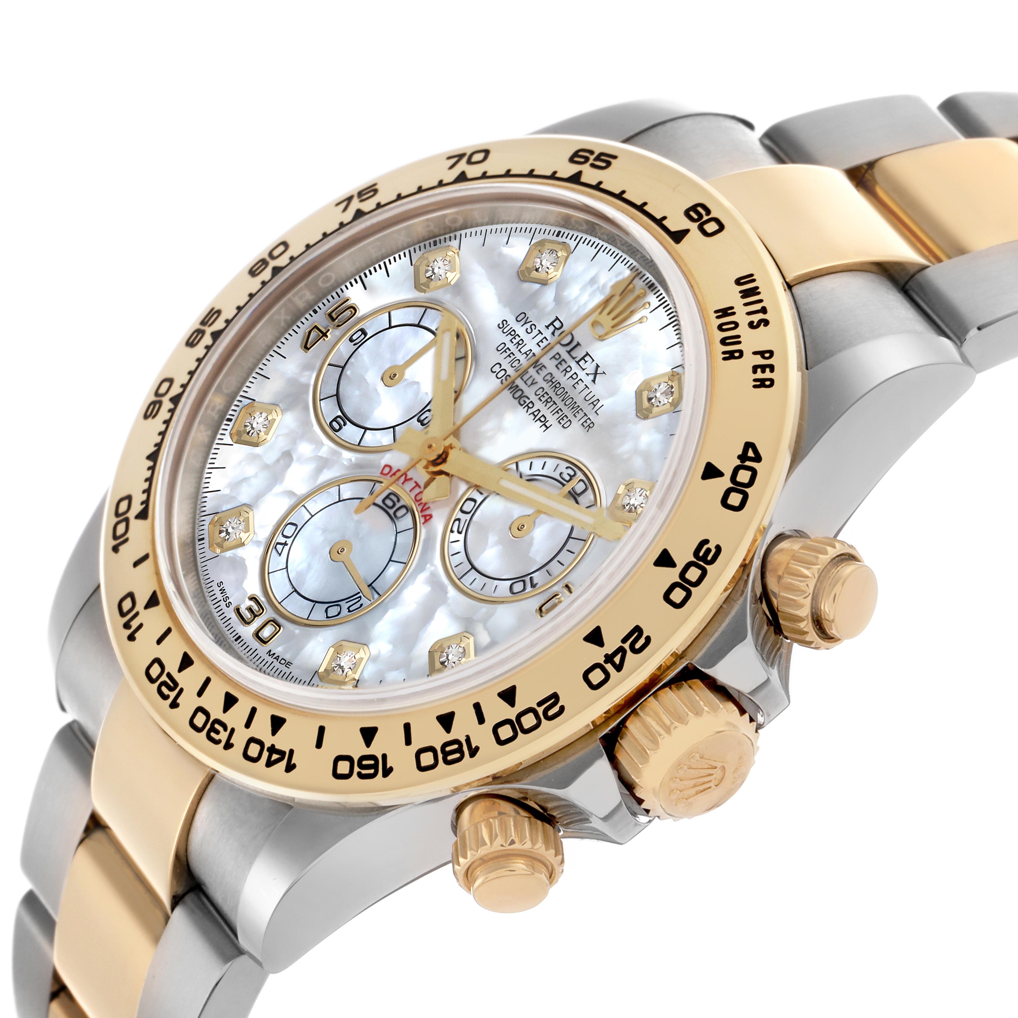 The Rolex Daytona 116503 Men's Steel and Gold (two tone) Mother of Pearl Dial 116503 Men's Steel and Gold (two tone) Mother of Pearl Dial watch is shown at an angled side view, displaying the case, bezel, crown, and part of the bracelet.