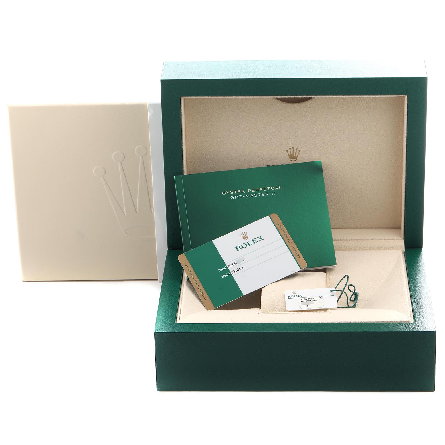 The image shows a Rolex Daytona 116503 Men's Steel and Gold (two tone) Mother of Pearl Dial 116503 Men's Steel and Gold (two tone) Mother of Pearl Dial watch box with warranty card, booklet, and tag viewed from the front.