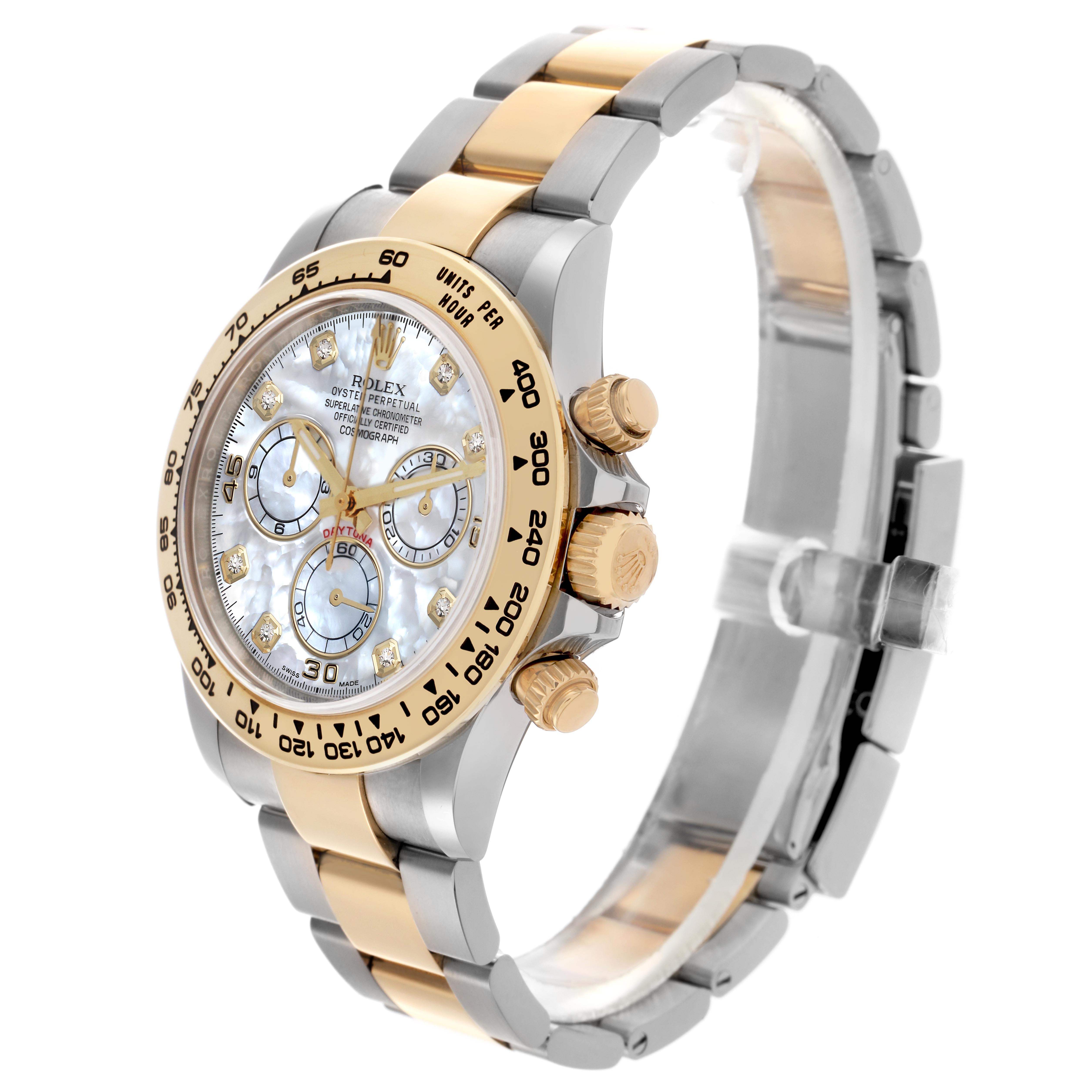 The Rolex Daytona 116503 Men's Steel and Gold (two tone) Mother of Pearl Dial 116503 Men's Steel and Gold (two tone) Mother of Pearl Dial watch is shown at a three-quarter angle highlighting the face, crown, pushers, and two-tone bracelet.