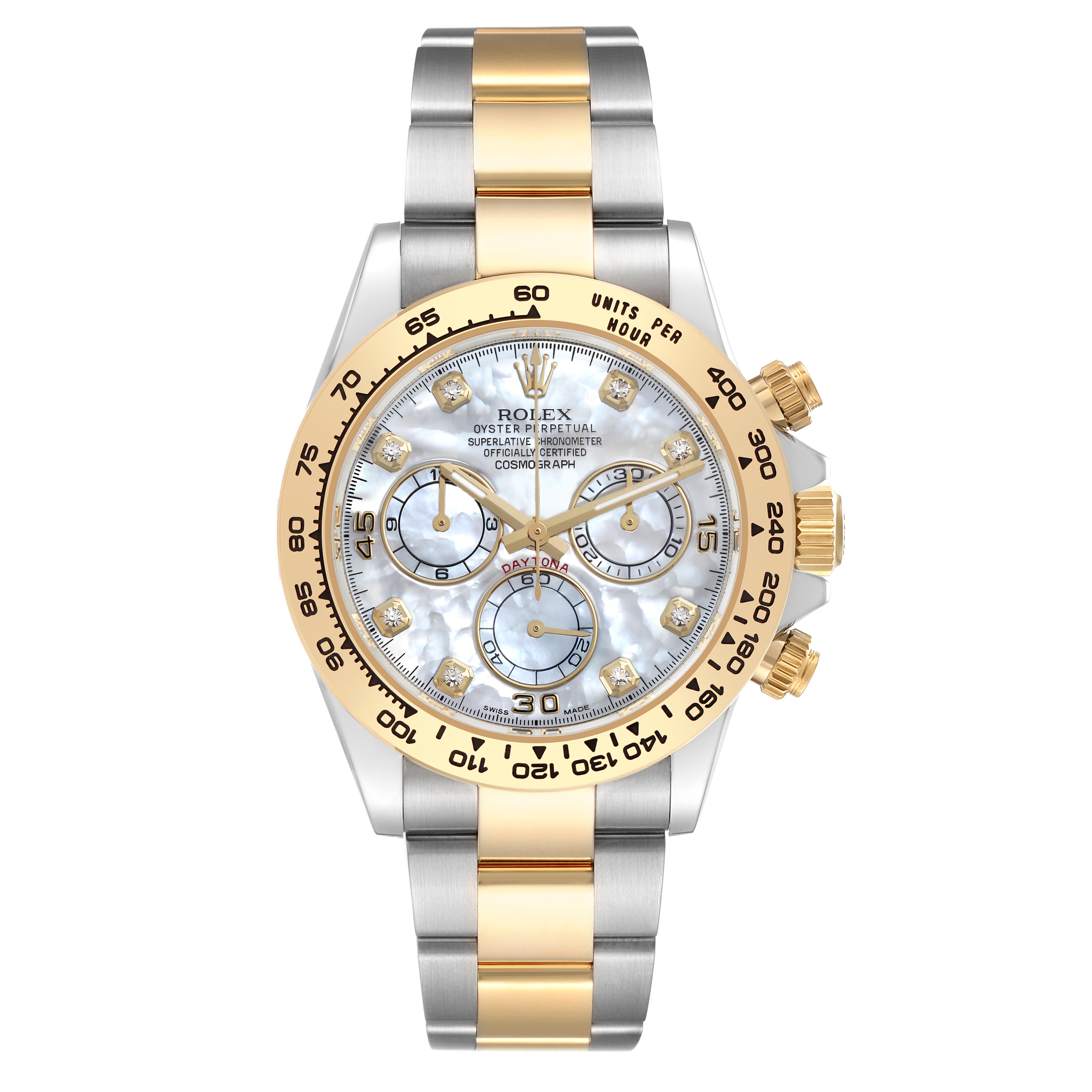 The Rolex Daytona 116503 Men's Steel and Gold (two tone) Mother of Pearl Dial 116503 Men's Steel and Gold (two tone) Mother of Pearl Dial watch is shown from the front, highlighting its dial, bezel, and two-tone bracelet.