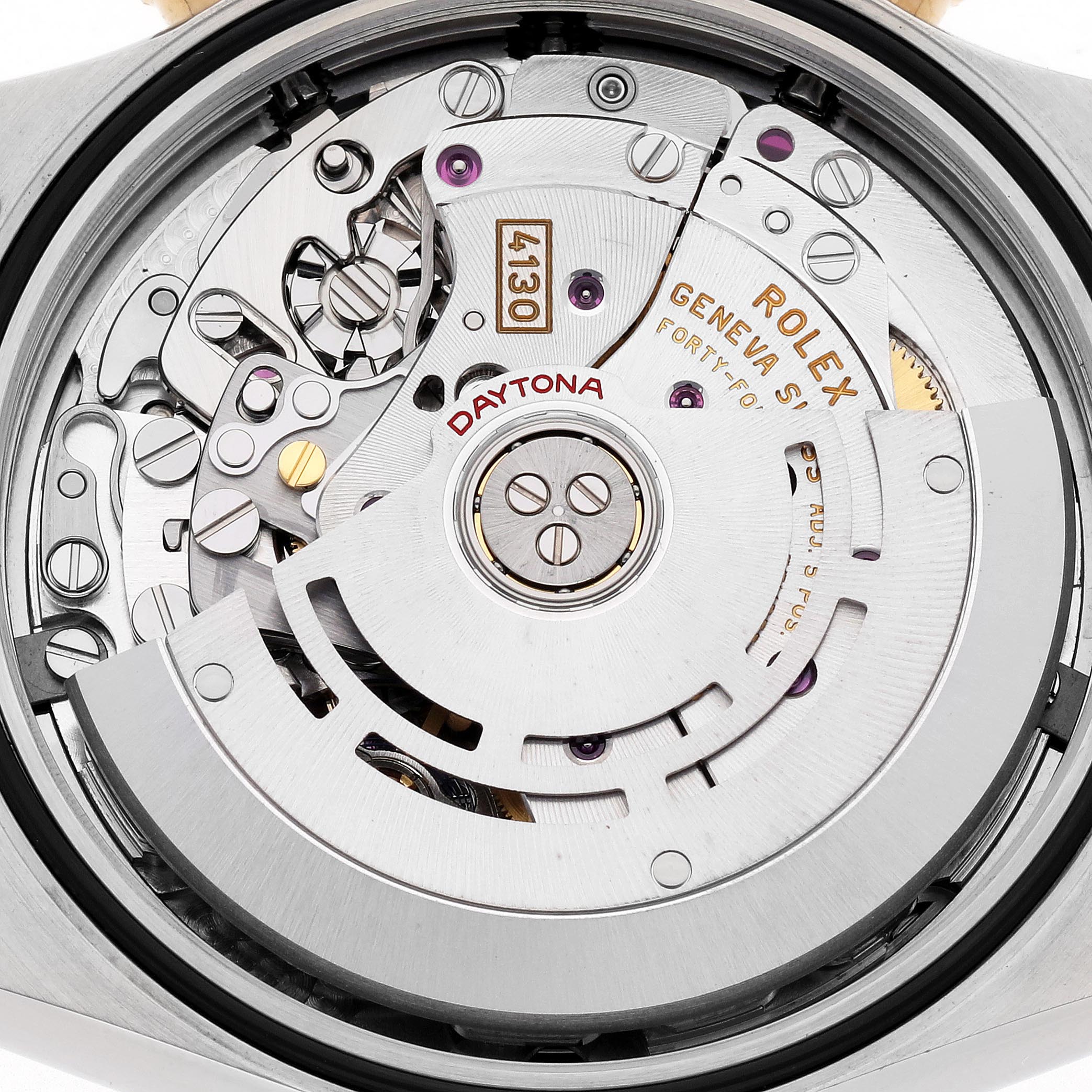 The image shows the movement underside of a Rolex Daytona 116503 Men's Steel and Gold (two tone) Mother of Pearl Dial 116503 Men's Steel and Gold (two tone) Mother of Pearl Dial, highlighting the rotor and intricate mechanics.