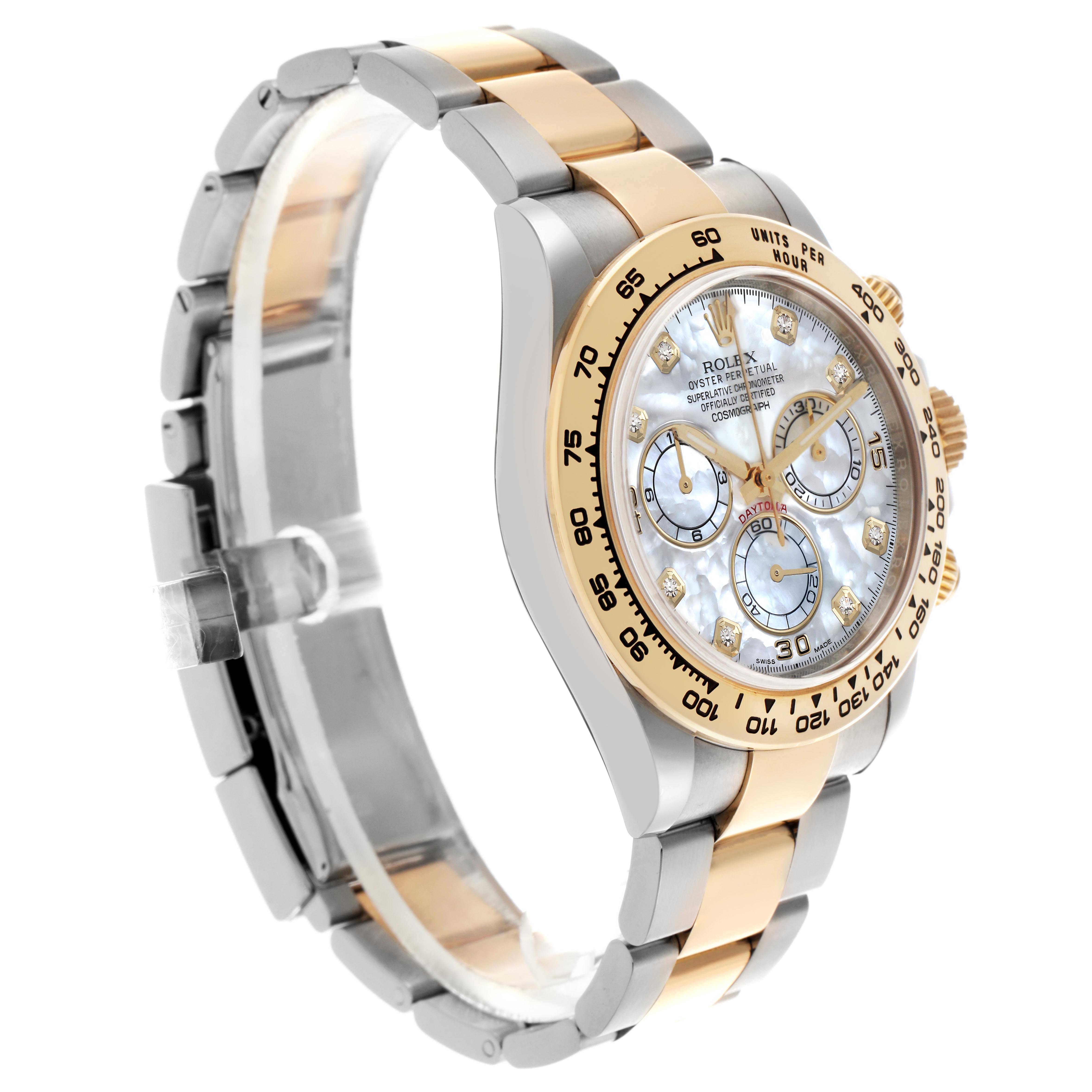 The Rolex Daytona 116503 Men's Steel and Gold (two tone) Mother of Pearl Dial 116503 Men's Steel and Gold (two tone) Mother of Pearl Dial watch is shown at a slight angle, highlighting the gold and steel bracelet, bezel, and intricate dial details.