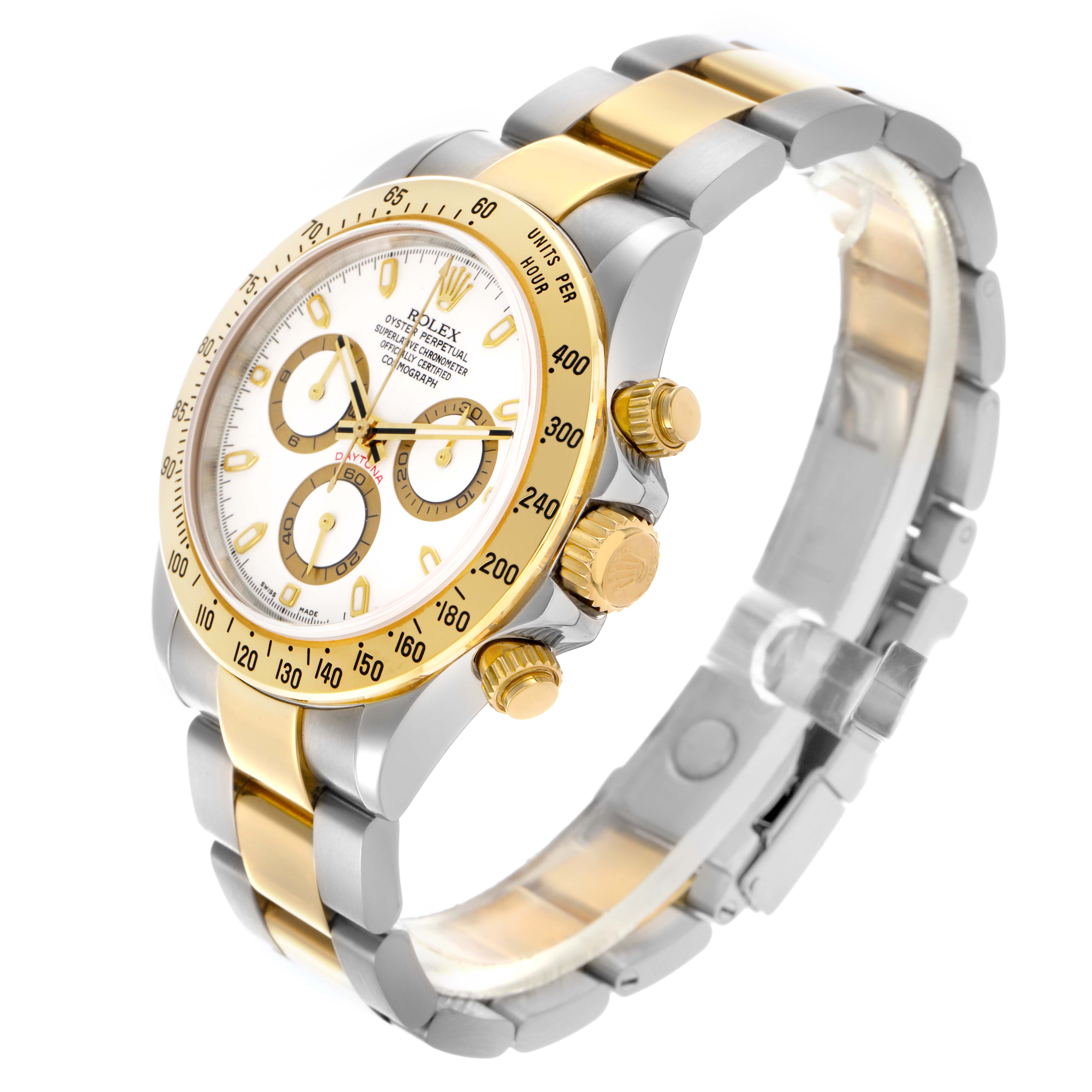 The Rolex Daytona 116523 Men's Steel and Gold (two tone) White Dial 116523 Men's Steel and Gold (two tone) White Dial watch is shown at an angled view, highlighting its gold and silver bracelet, bezel, and three subdials.