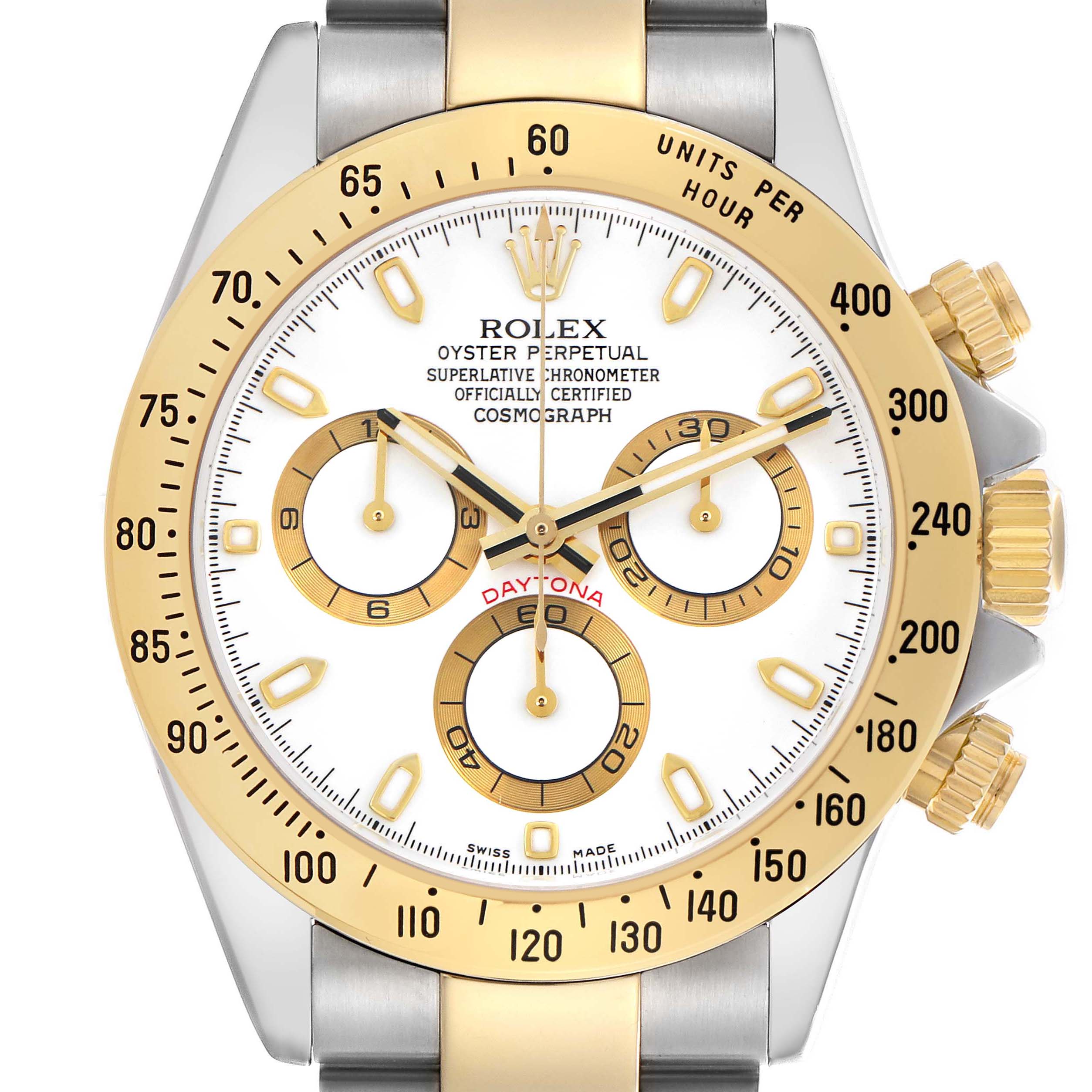 The Rolex Daytona 116523 Men's Steel and Gold (two tone) White Dial 116523 Men's Steel and Gold (two tone) White Dial watch is shown from the front, displaying its bezel, dial, sub-dials, and pushers prominently.