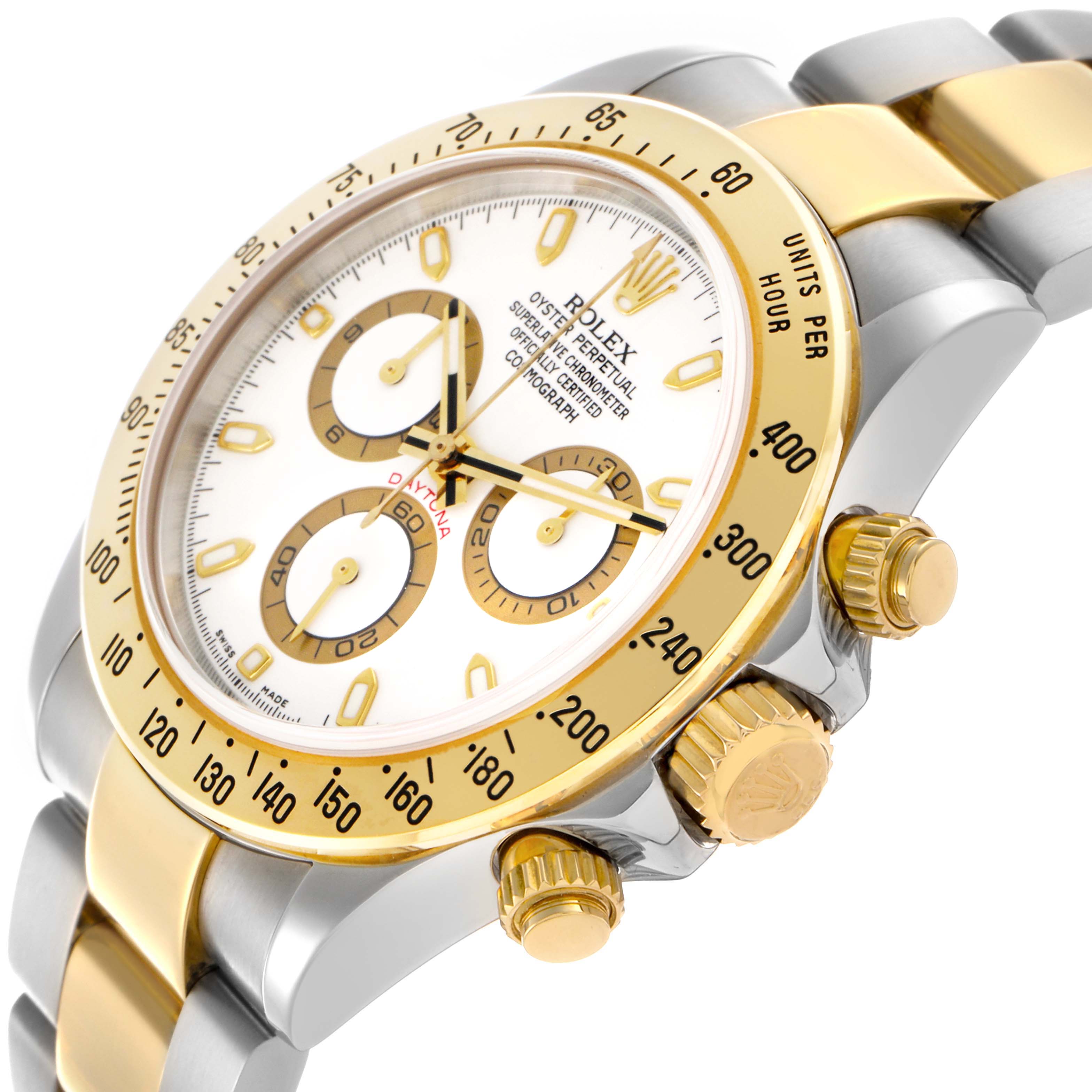 The Rolex Daytona 116523 Men's Steel and Gold (two tone) White Dial 116523 Men's Steel and Gold (two tone) White Dial watch is shown at an angled close-up, highlighting the bezel, dial, and chronograph pushers.