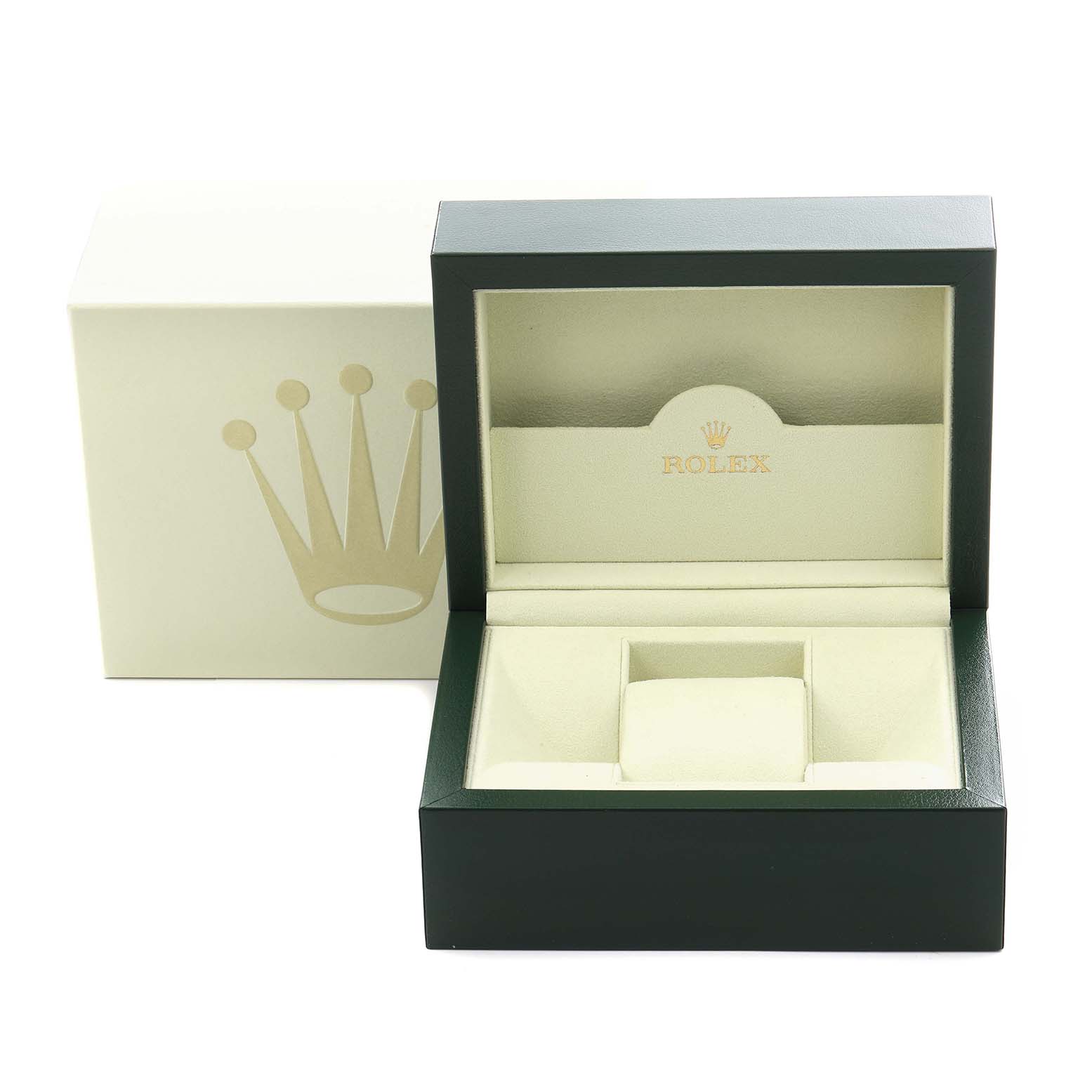 The image shows an open Rolex watch box for the Daytona model, featuring the signature crown logo and cushion for the watch.