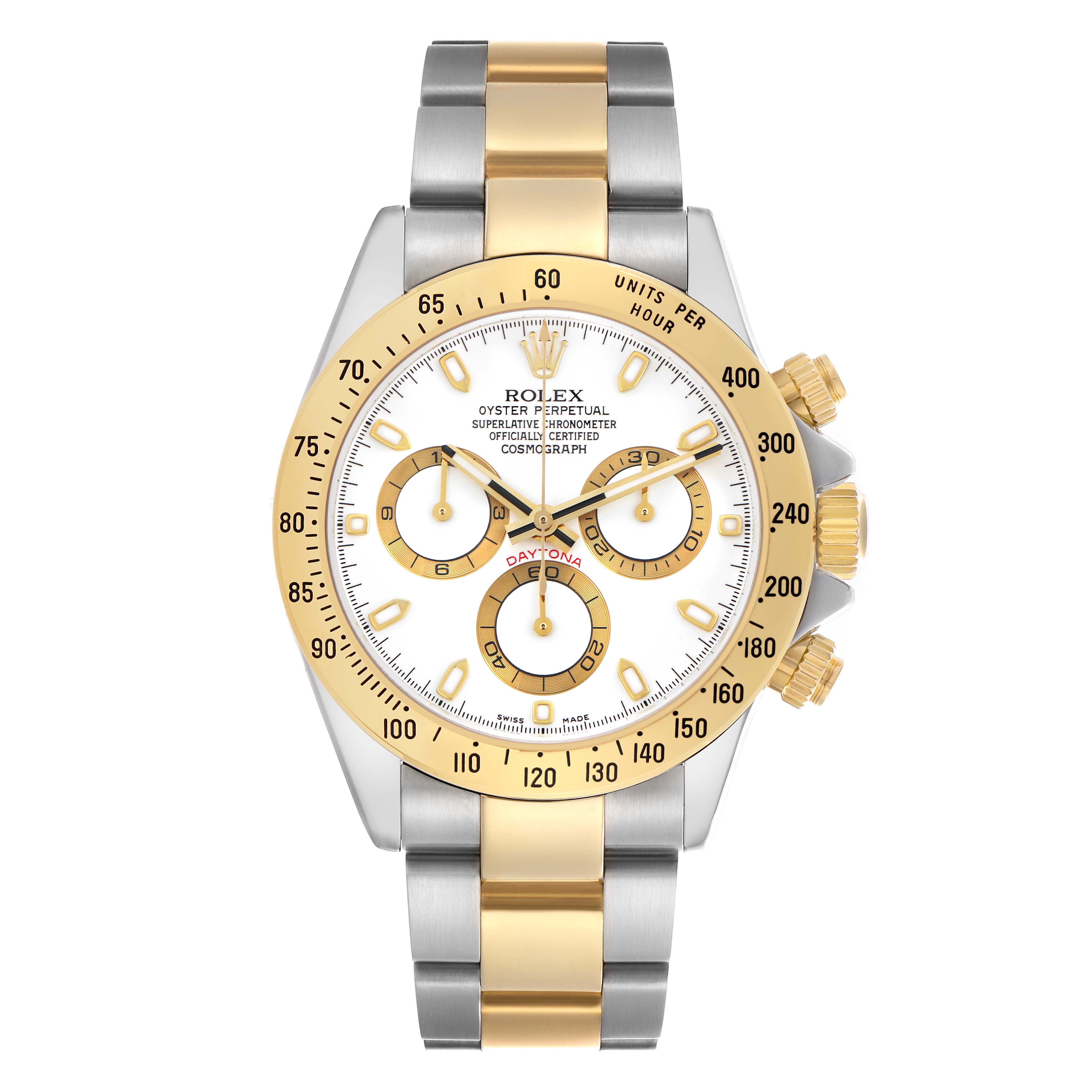 The Rolex Daytona 116523 Men's Steel and Gold (two tone) White Dial 116523 Men's Steel and Gold (two tone) White Dial watch is shown from a front view, highlighting the bezel, dial, subdials, crown, and two-tone bracelet.