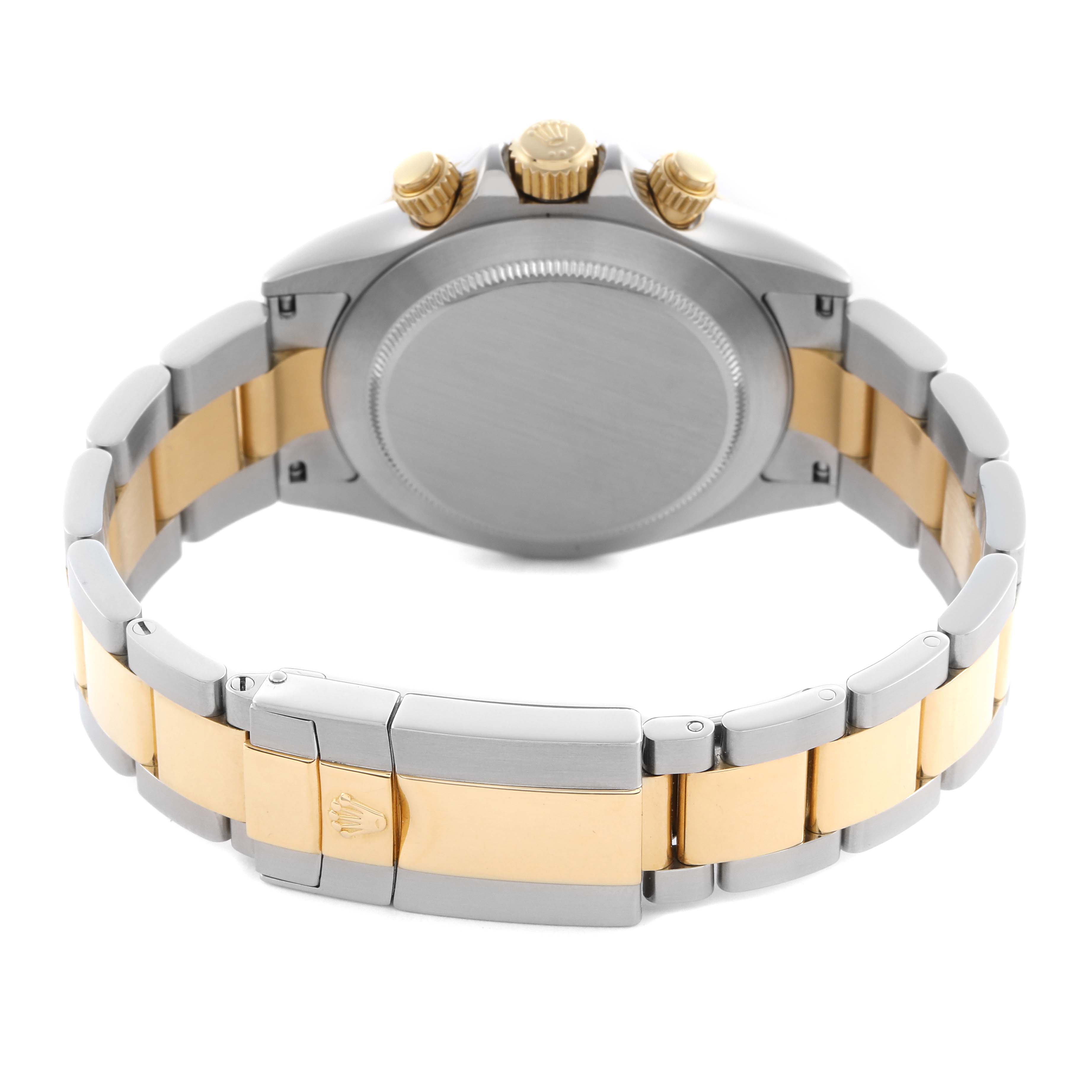 The image shows the back view of a Rolex Daytona 116523 Men's Steel and Gold (two tone) White Dial 116523 Men's Steel and Gold (two tone) White Dial watch, highlighting its stainless steel and gold bracelet, clasp, and case back.