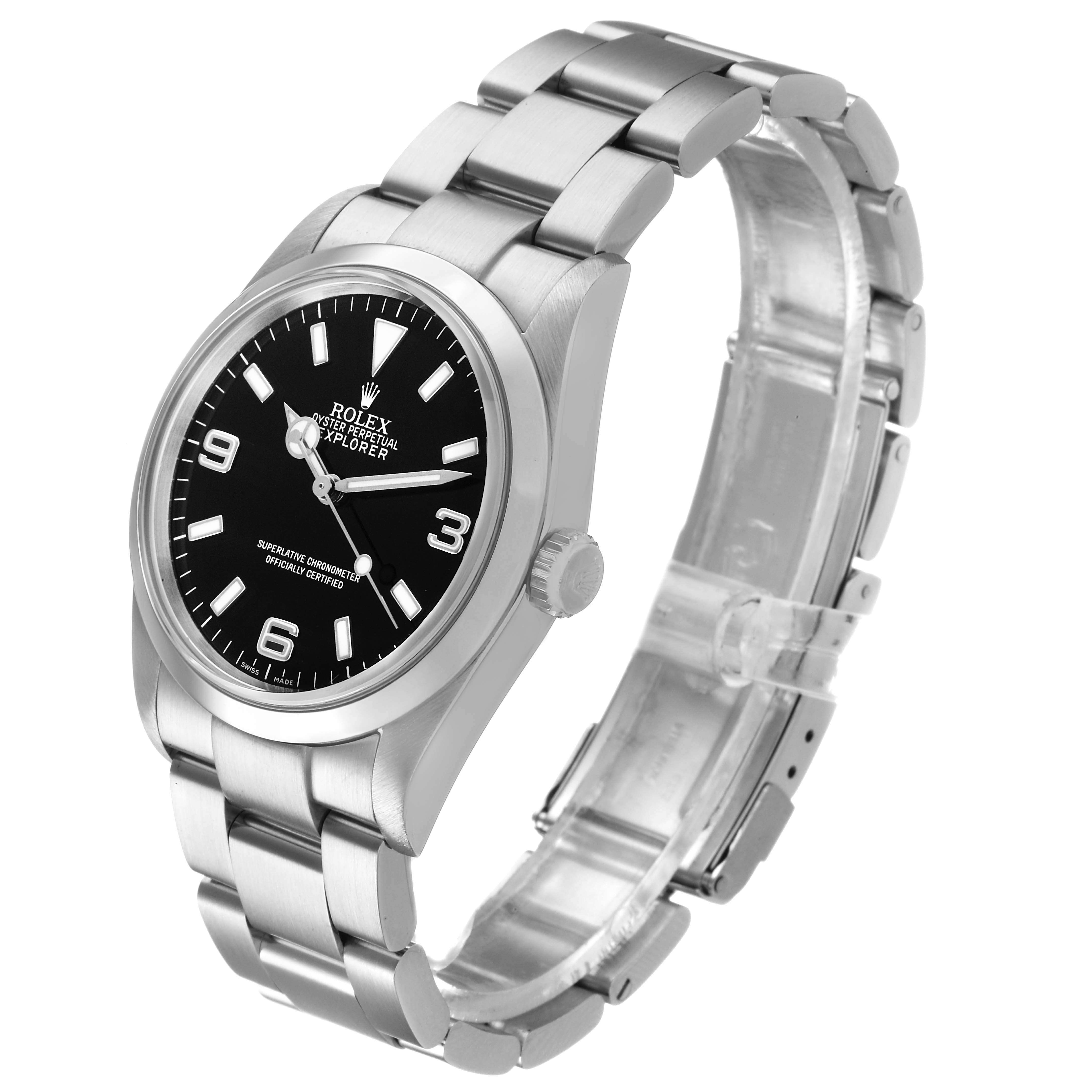 The Rolex Explorer 114270 Men's Stainless Steel Black Dial watch is shown at an angled side view, displaying the case, dial, bezel, crown, and stainless steel bracelet.
