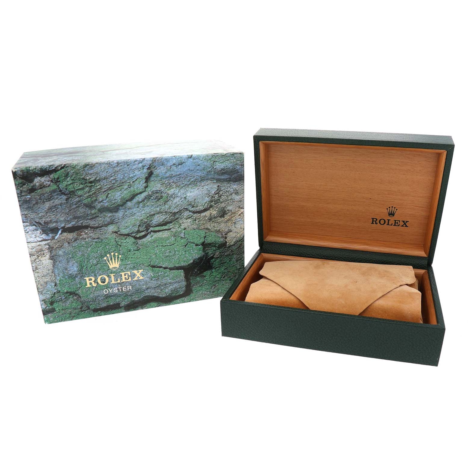 The image shows the packaging for a Rolex Explorer 114270 Men's Stainless Steel Black Dial, including an outer box with a textured design and an inner wooden box.