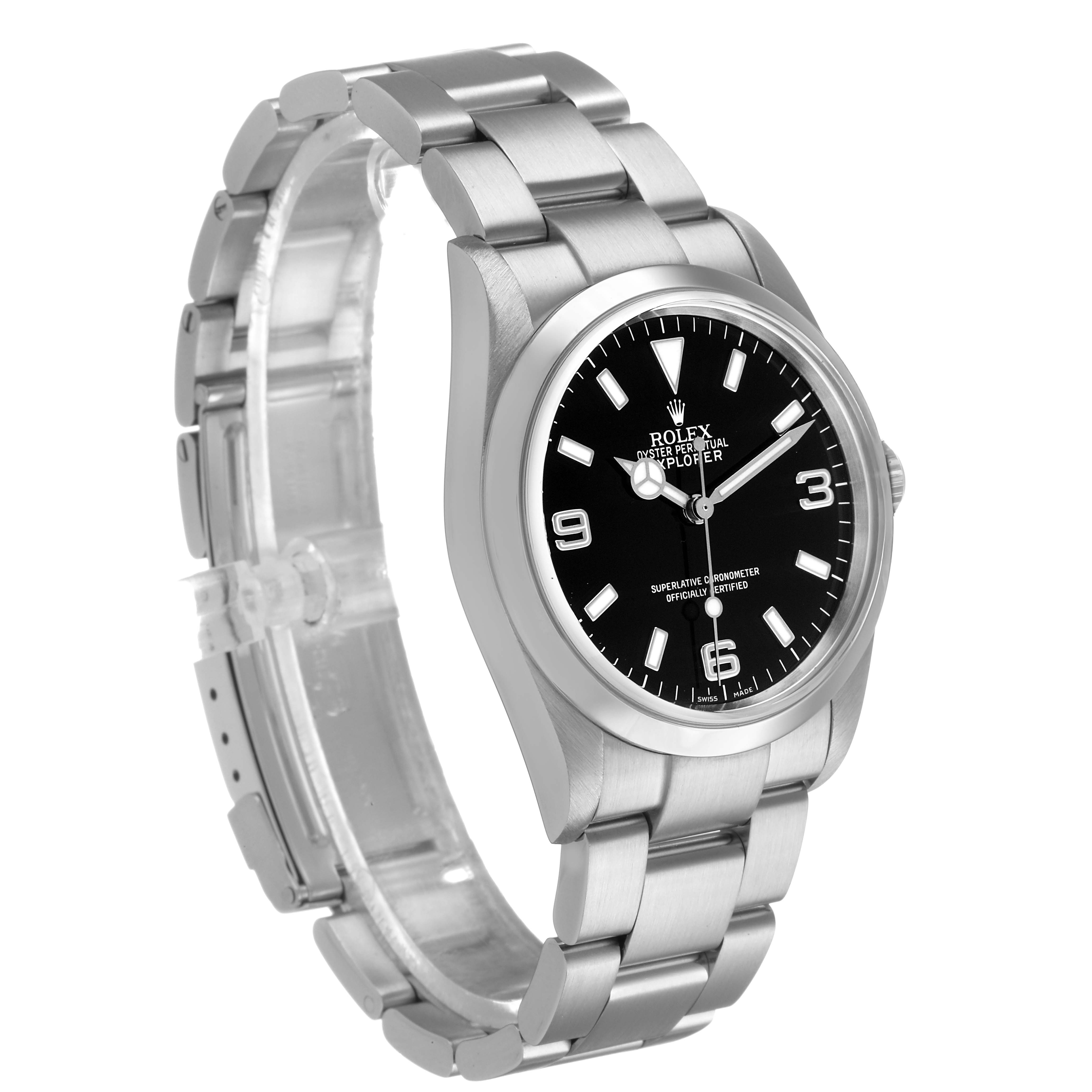 The Rolex Explorer 114270 Men's Stainless Steel Black Dial watch is shown at a three-quarter angle, highlighting the dial, bezel, bracelet, and crown.