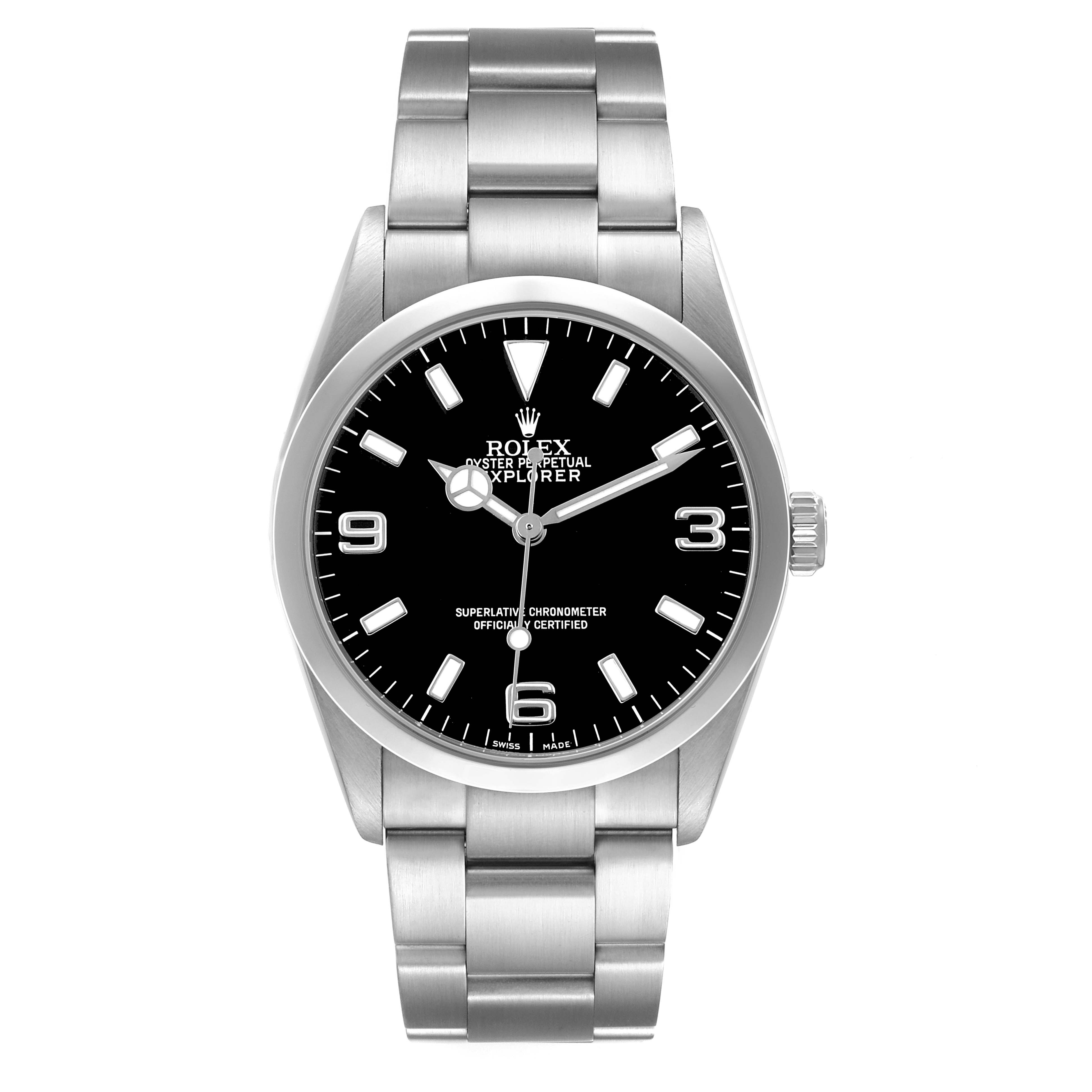 The Rolex Explorer 114270 Men's Stainless Steel Black Dial watch is shown from the front, displaying the dial, bezel, crown, and bracelet.