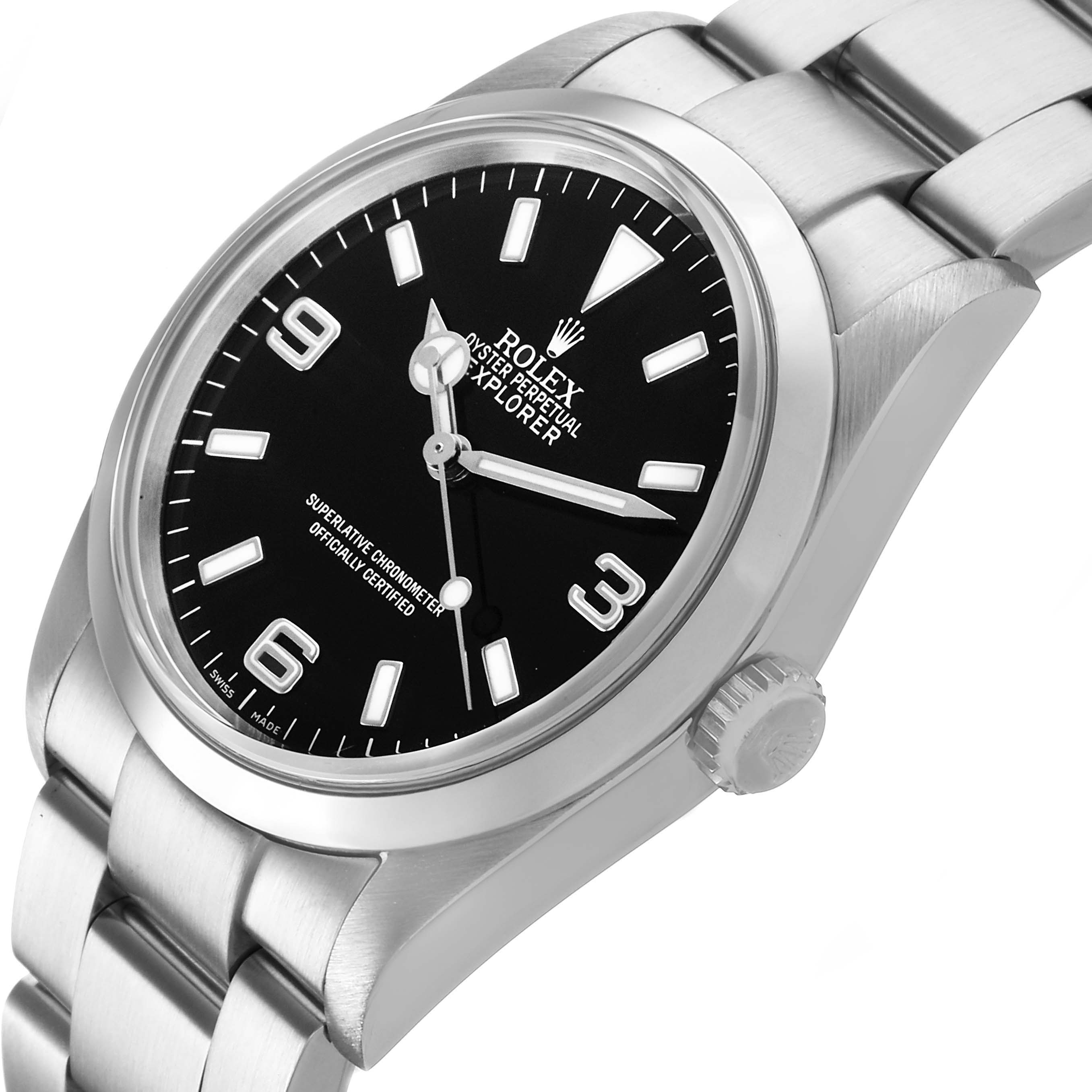 The Rolex Explorer 114270 Men's Stainless Steel Black Dial watch is shown at an oblique angle, highlighting the face, crown, and part of the bracelet.