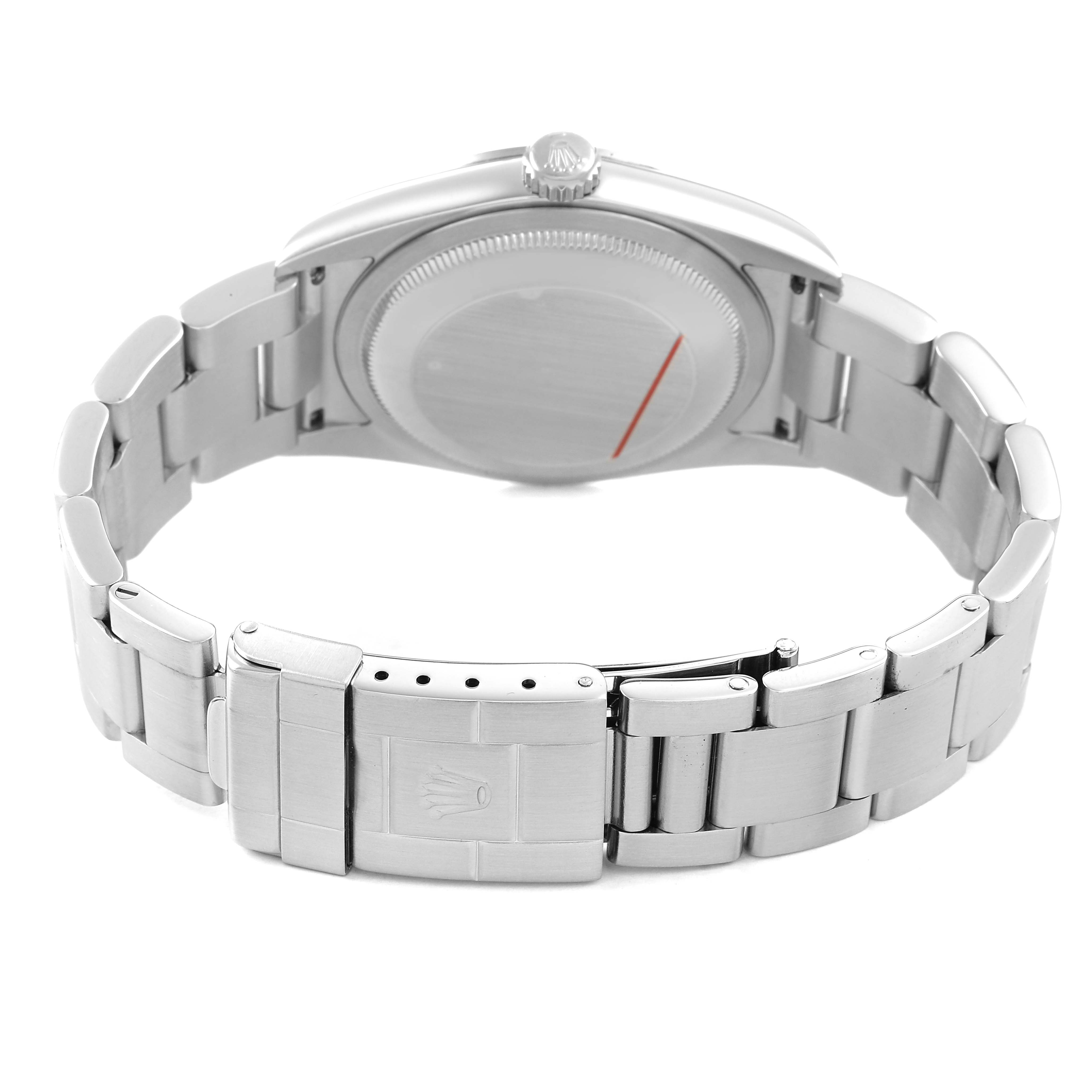 The image shows the back view of a Rolex Explorer 114270 Men's Stainless Steel Black Dial watch, highlighting the clasp, bracelet, and case back.