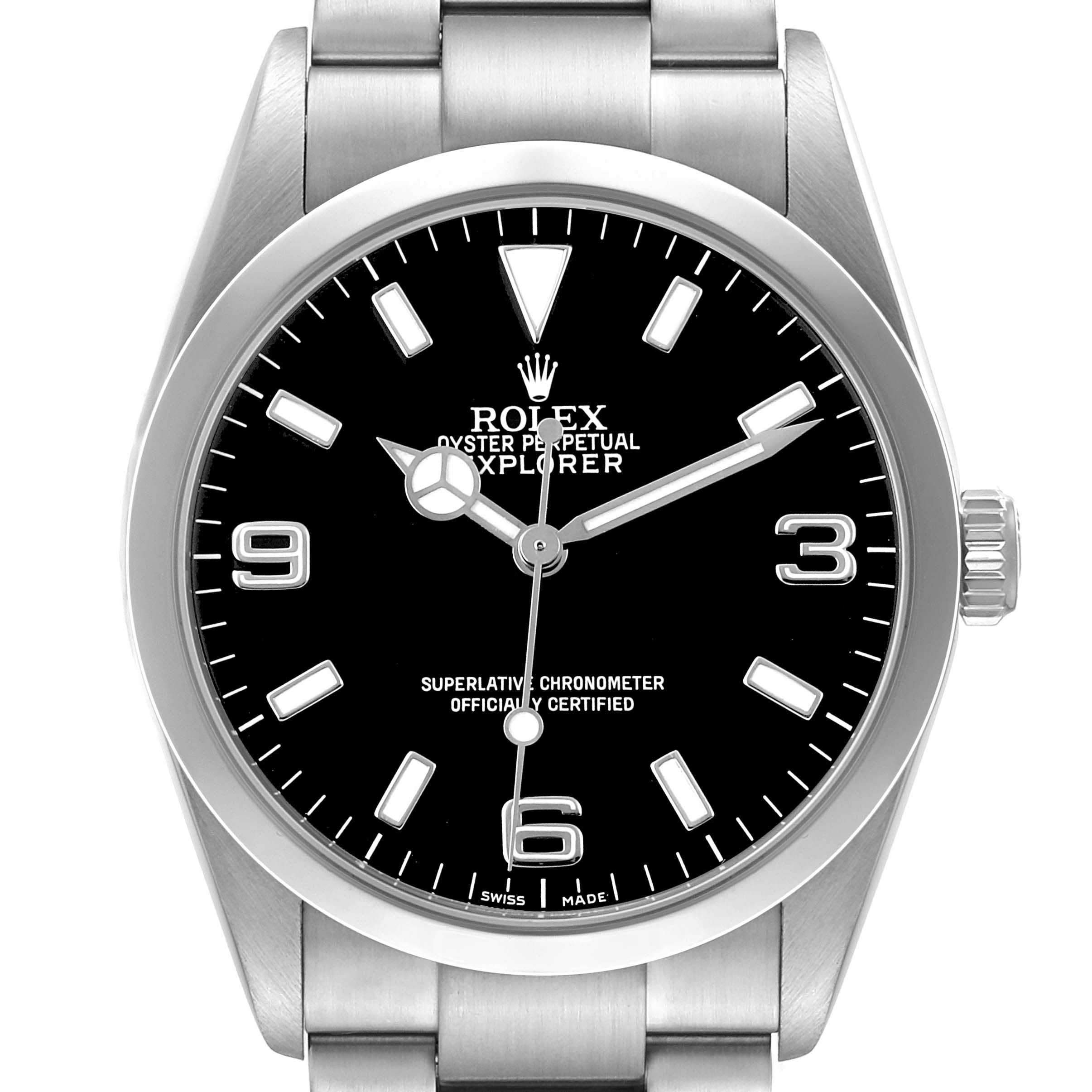 The Rolex Explorer 114270 Men's Stainless Steel Black Dial watch is shown from a front angle, displaying its face, bezel, crown, and part of the bracelet.