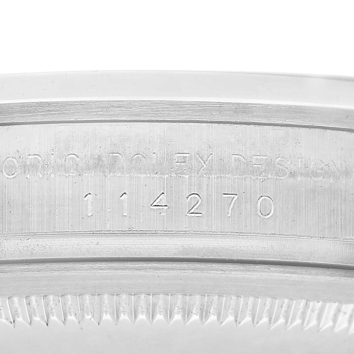 The image shows the case side of the Rolex Explorer 114270 Men's Stainless Steel Black Dial, highlighting the model number "114270" engraving.