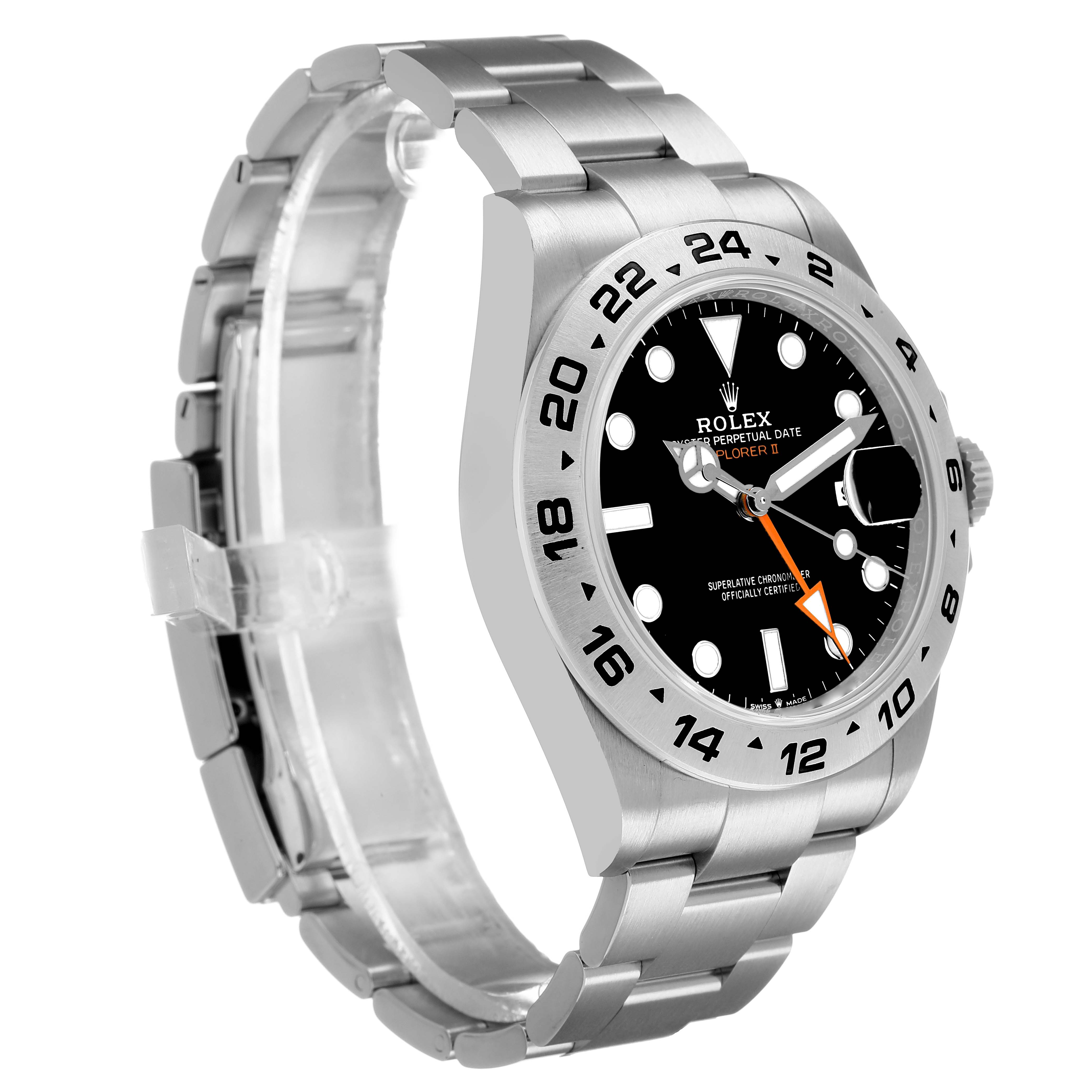 The Rolex Explorer 226570 Men's Stainless Steel Black Dial watch is shown at a three-quarter angle, highlighting the face, bezel, crown, and part of the bracelet.