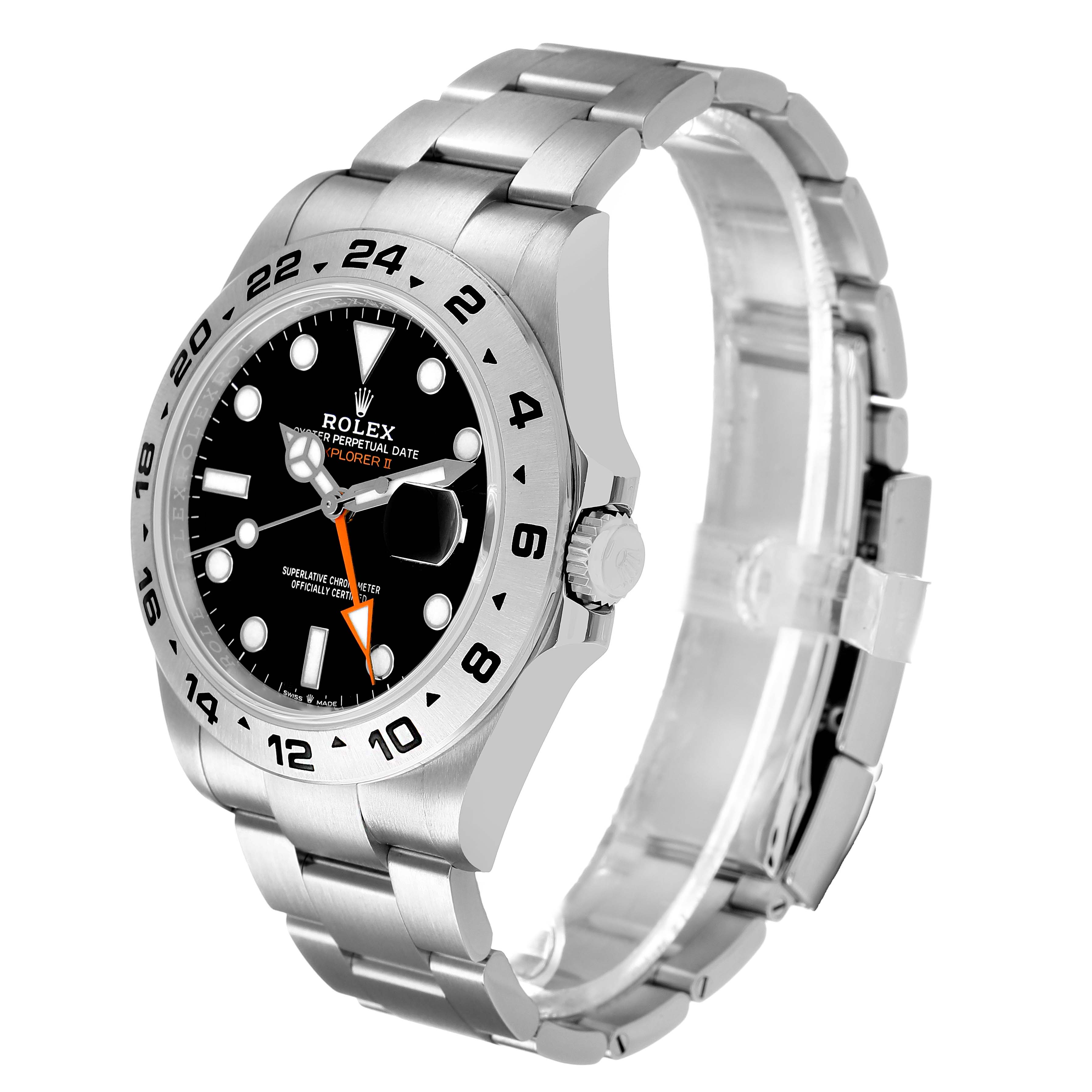 The Rolex Explorer 226570 Men's Stainless Steel Black Dial model is shown at a side angle, highlighting the bracelet, case, bezel, and dial with its distinctive markers.