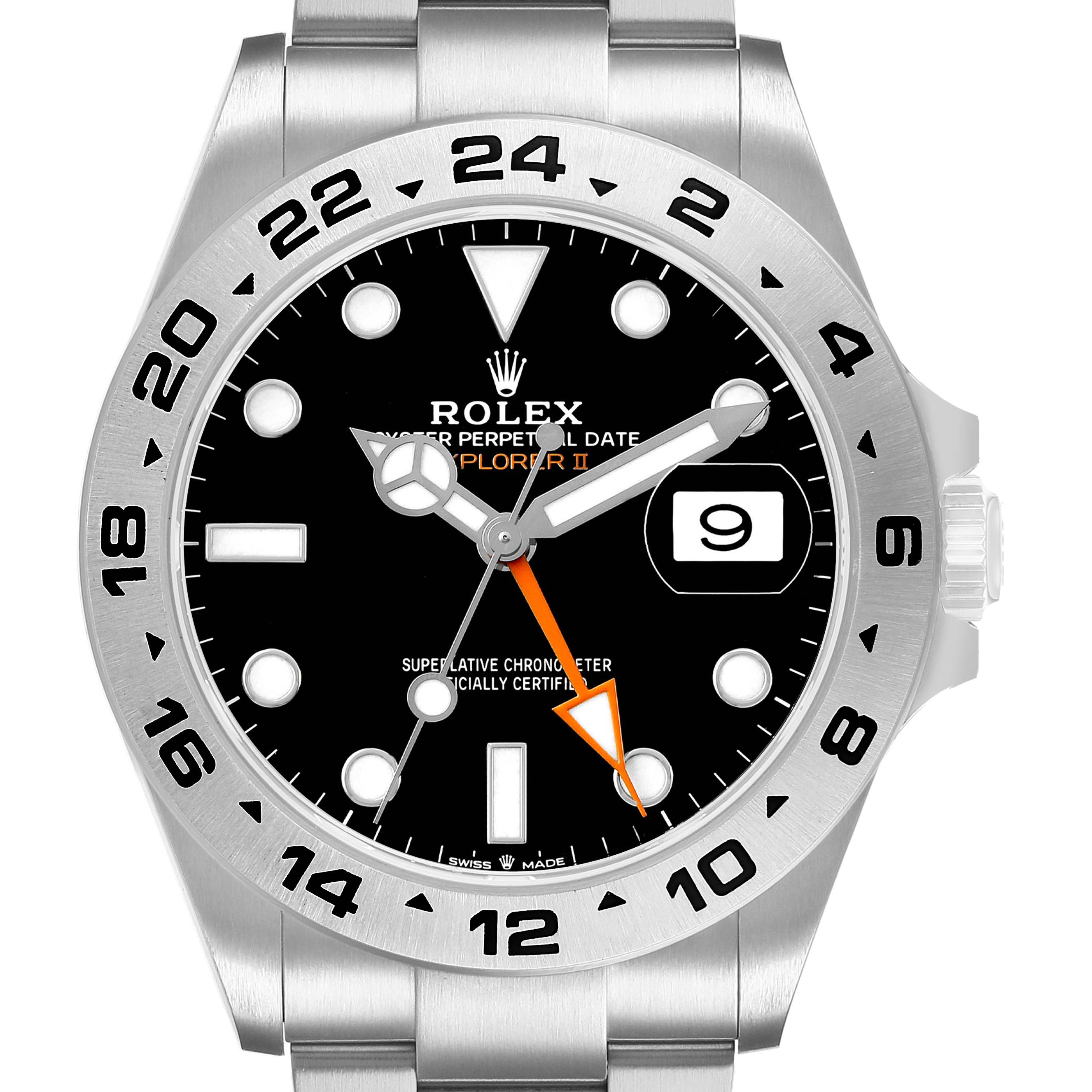 The Rolex Explorer 226570 Men's Stainless Steel Black Dial II watch is shown from the front, displaying the face, hands, bezel, and part of the bracelet.