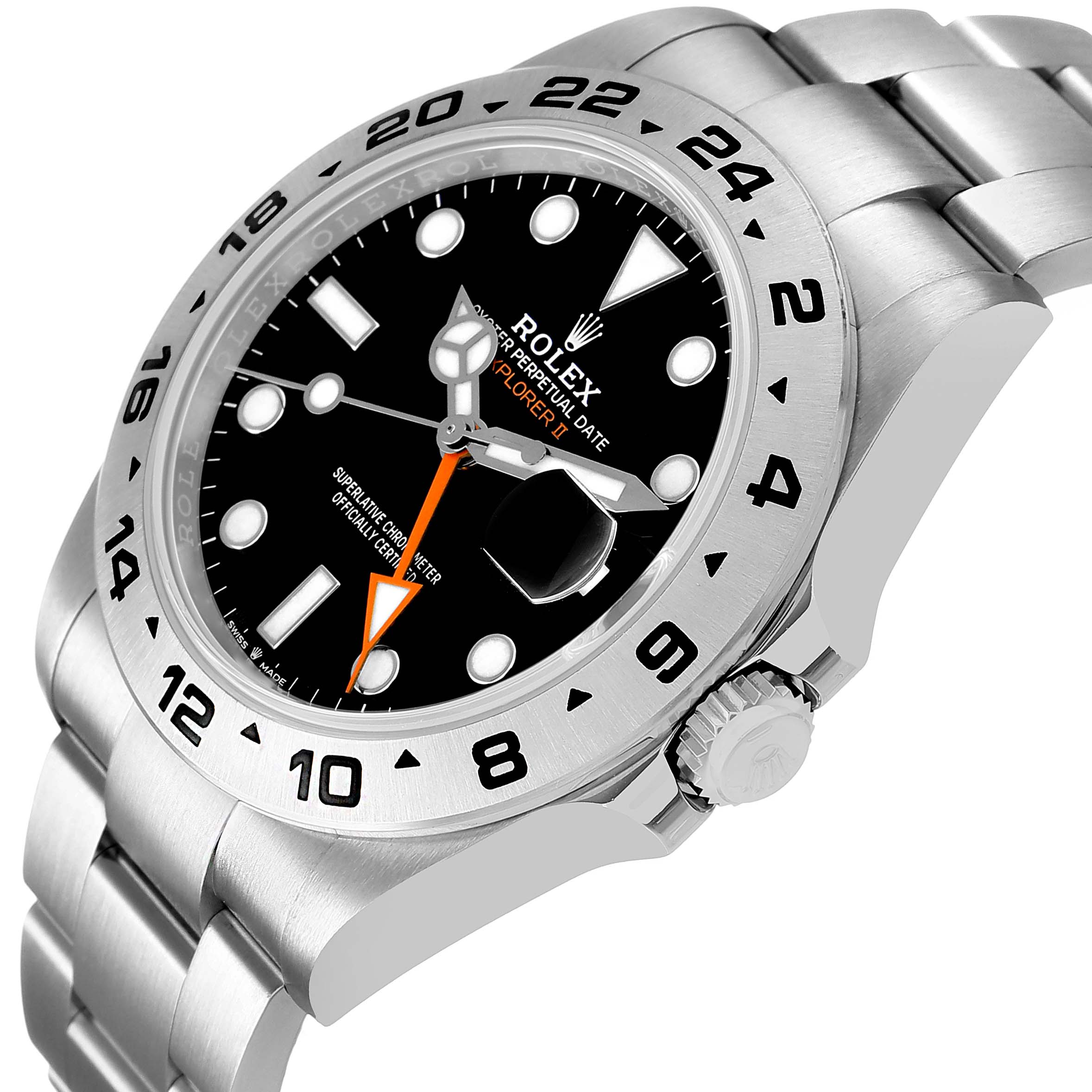 The Rolex Explorer 226570 Men's Stainless Steel Black Dial watch is shown at a side angle highlighting the dial, bezel, bracelet, and crown.
