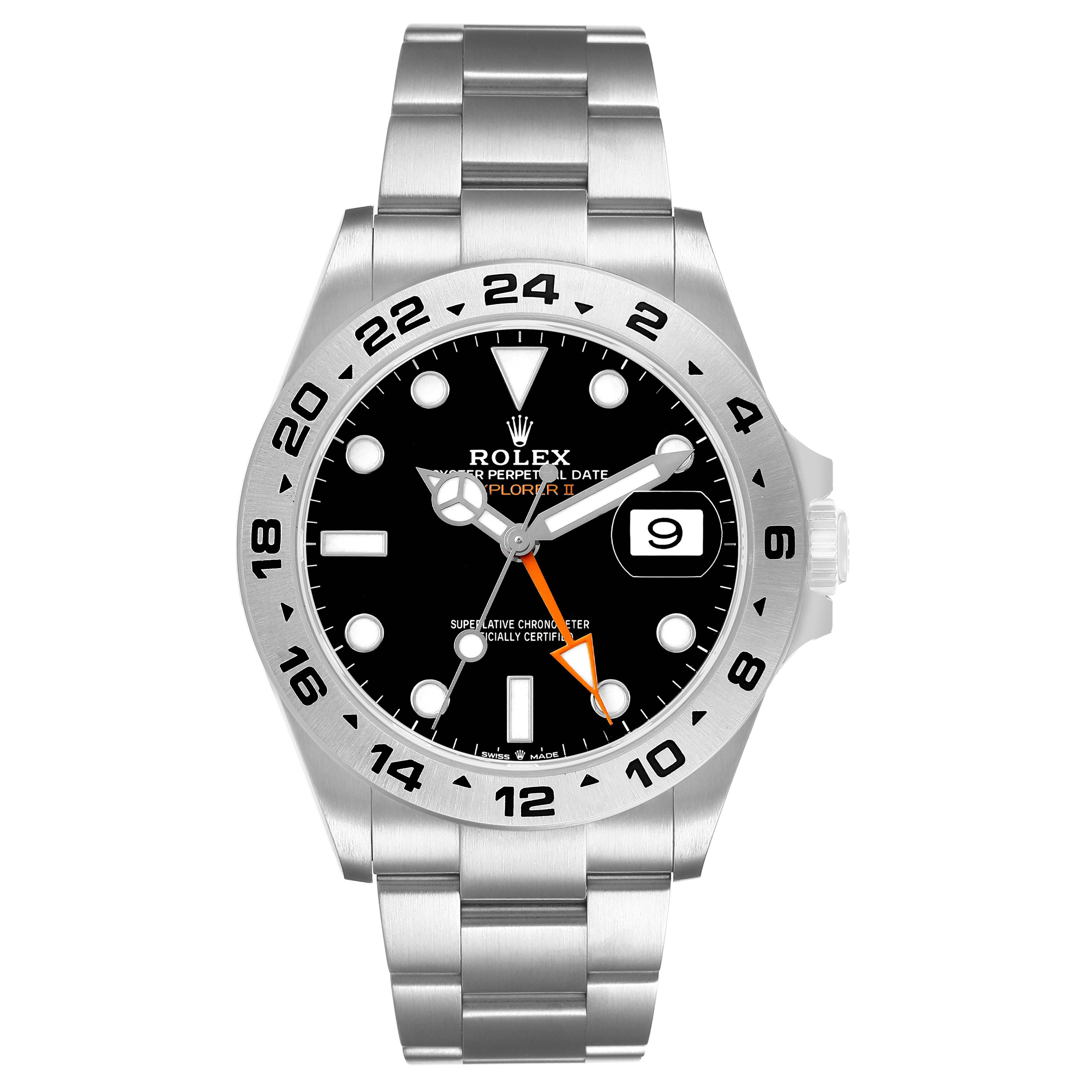 The Rolex Explorer 226570 Men's Stainless Steel Black Dial watch is shown in a front view, displaying the dial, bezel, hands, and bracelet.