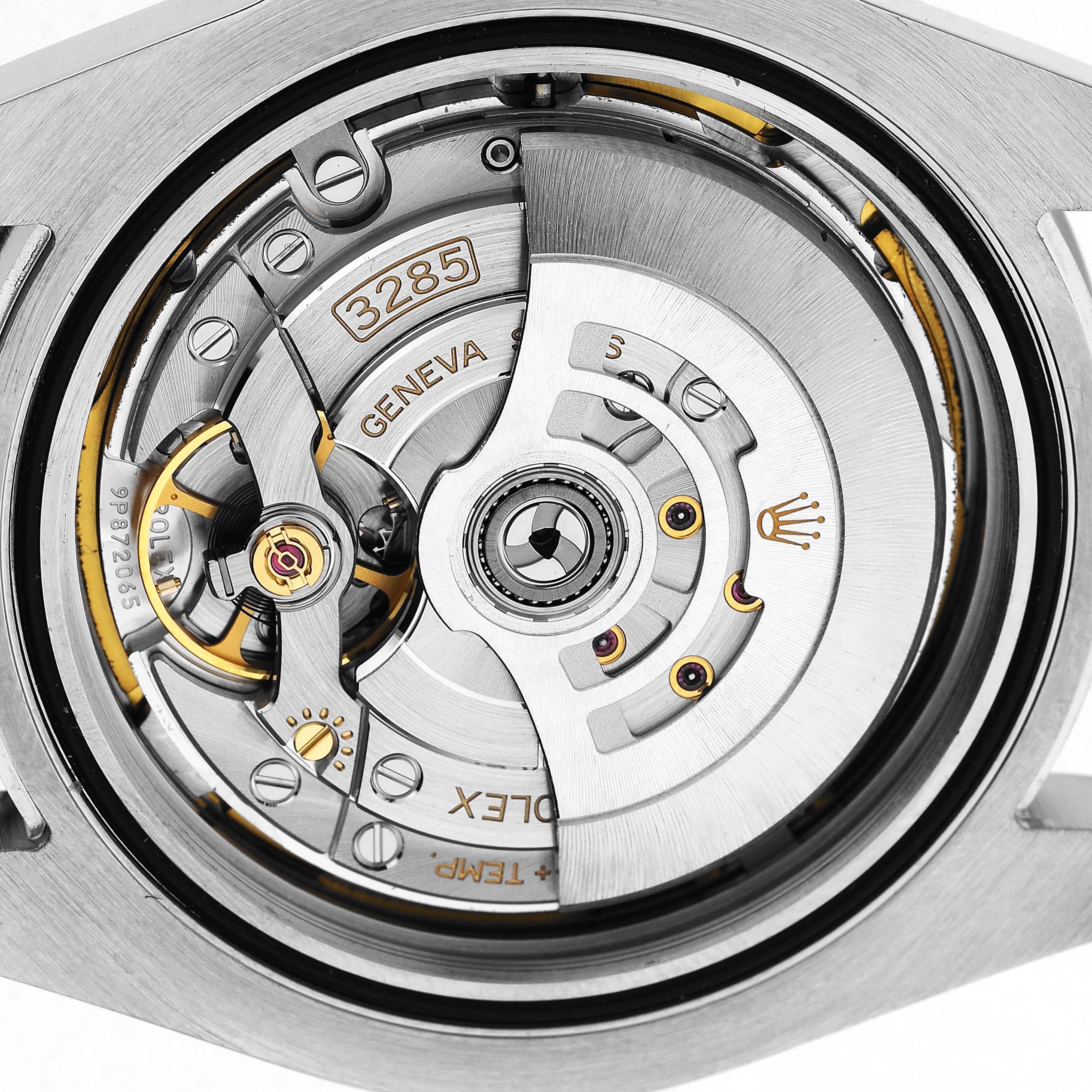 The image shows the movement mechanism of a Rolex Explorer 226570 Men's Stainless Steel Black Dial watch viewed from the back, highlighting the rotor and internal components.