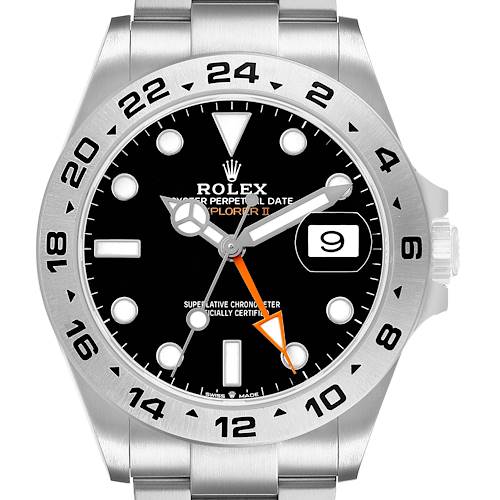 The Rolex Explorer 226570 Men's Stainless Steel Black Dial II watch is shown from a front angle, highlighting the dial, bezel, crown, hands, and bracelet.