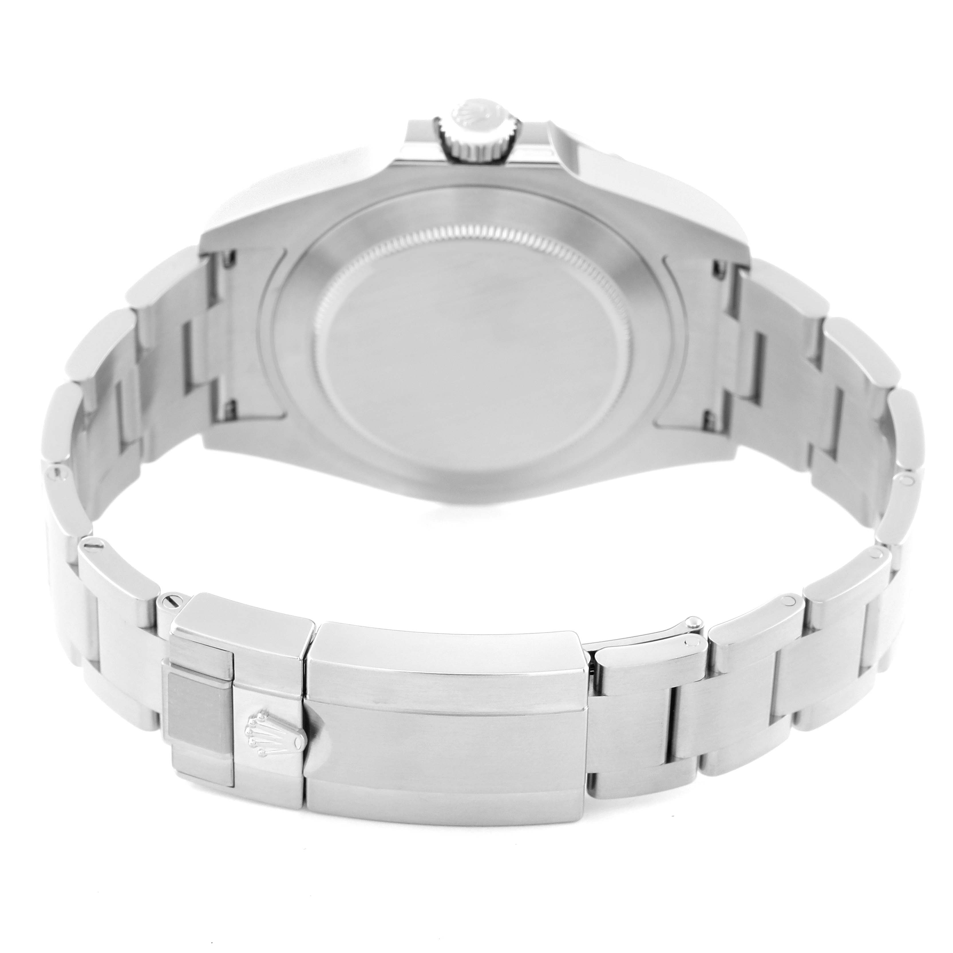 The image shows the back view of a Rolex Explorer 216570 Men's Stainless Steel White Dial 216570 Men's Stainless Steel White Dial model watch, focusing on its stainless steel case and bracelet.