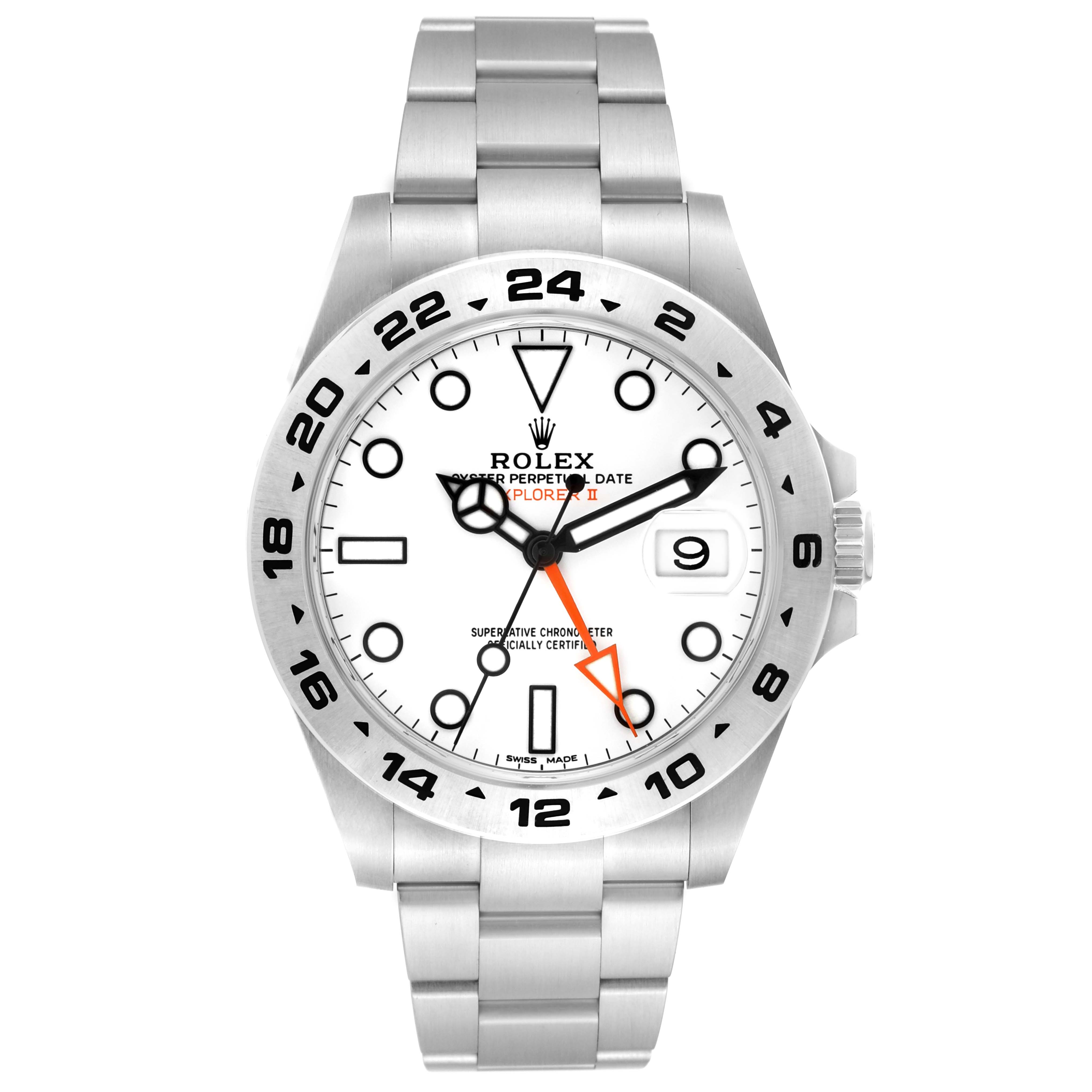 The image shows a front view of the Rolex Explorer 216570 Men's Stainless Steel White Dial 216570 Men's Stainless Steel White Dial with a white dial, stainless steel bracelet, and date display.