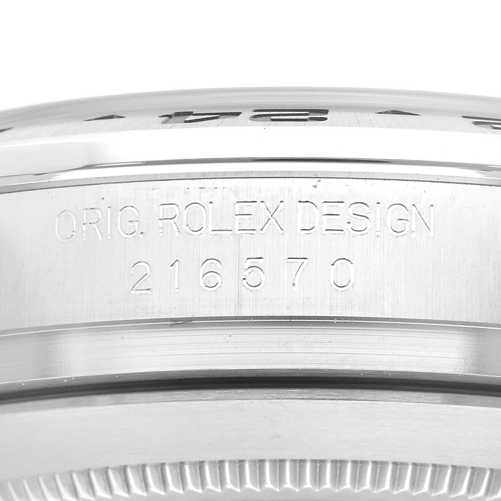 This image shows a close-up of the side engraving and bezel of the Rolex Explorer 216570 Men's Stainless Steel White Dial 216570 Men's Stainless Steel White Dial watch, model number 216570.