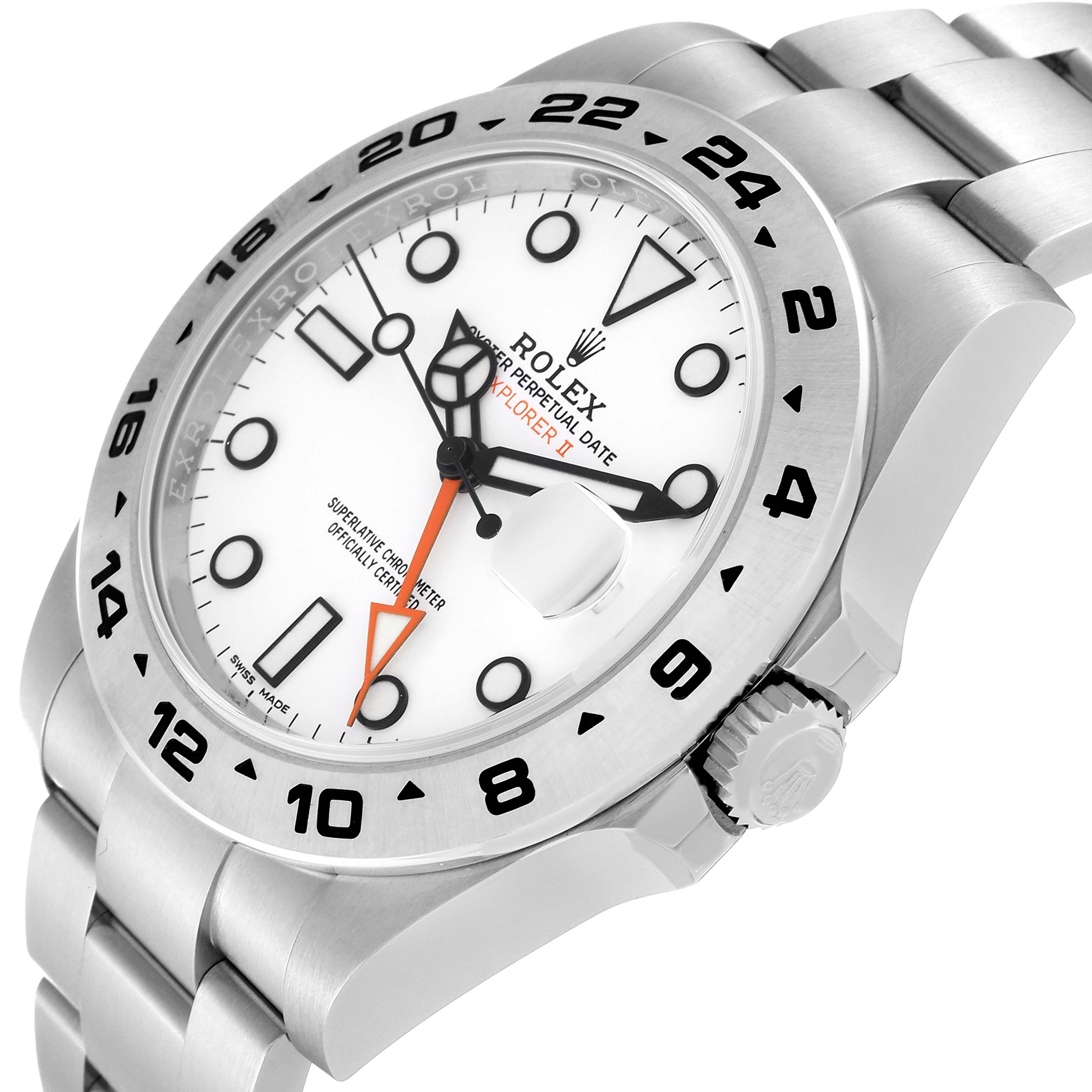 This is a close-up view of the Rolex Explorer 216570 Men's Stainless Steel White Dial 216570 Men's Stainless Steel White Dial watch, showcasing the face, bezel, crown, and part of the bracelet.