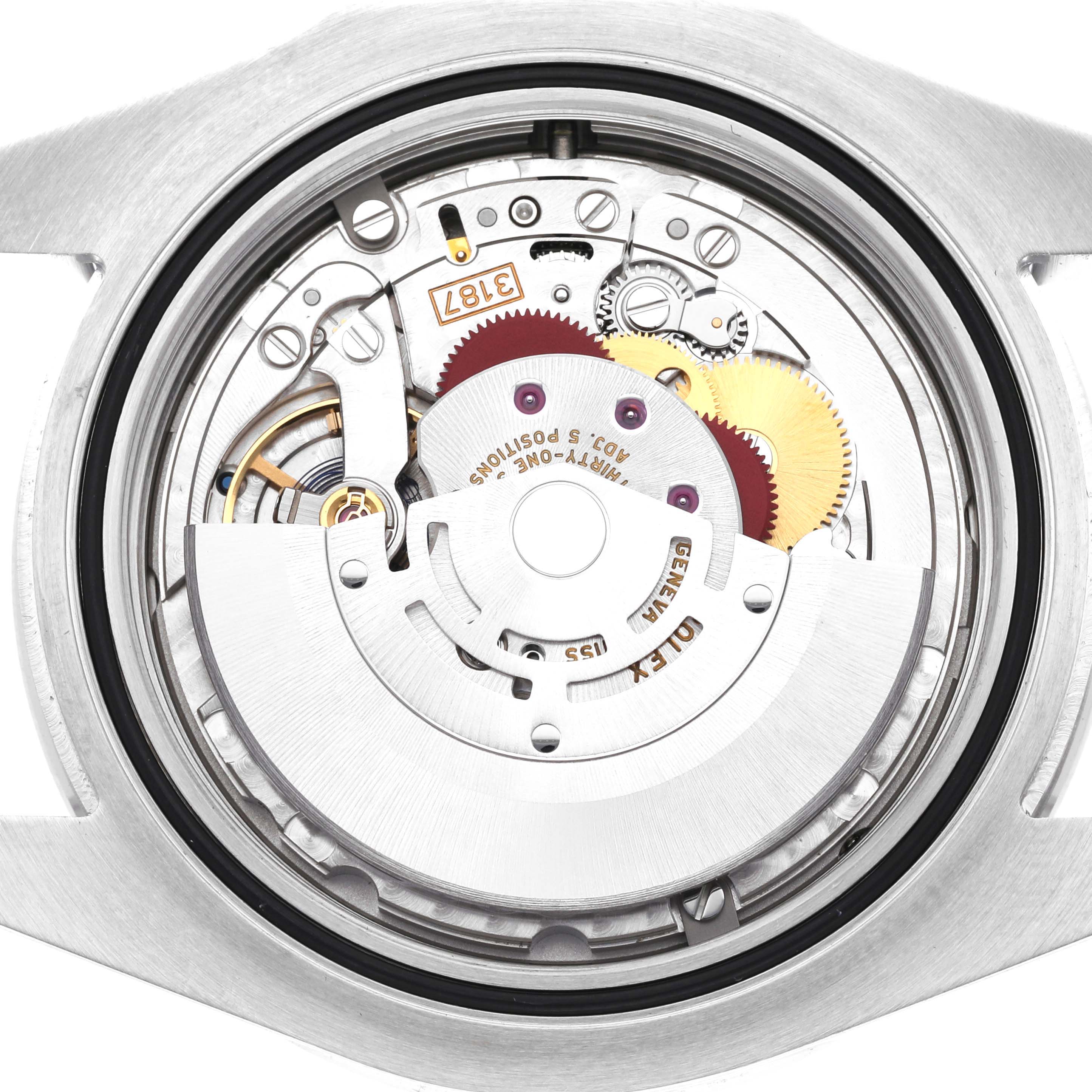 This image shows the internal movement mechanism of a Rolex Explorer 216570 Men's Stainless Steel White Dial 216570 Men's Stainless Steel White Dial watch from a top-down view, revealing gears and components.