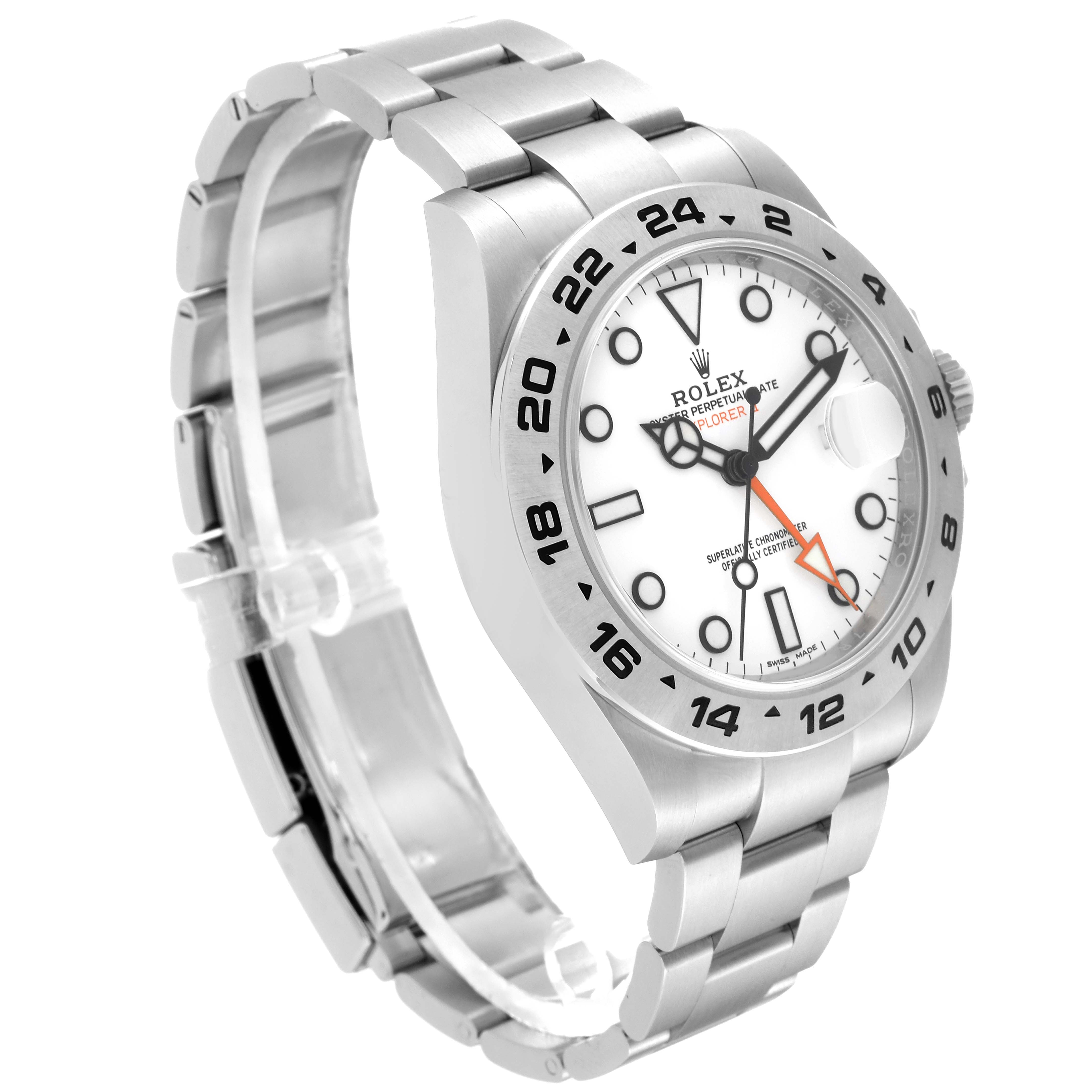 The image shows a side view of the Rolex Explorer 216570 Men's Stainless Steel White Dial 216570 Men's Stainless Steel White Dial watch, highlighting the bracelet, bezel, dial, and crown.