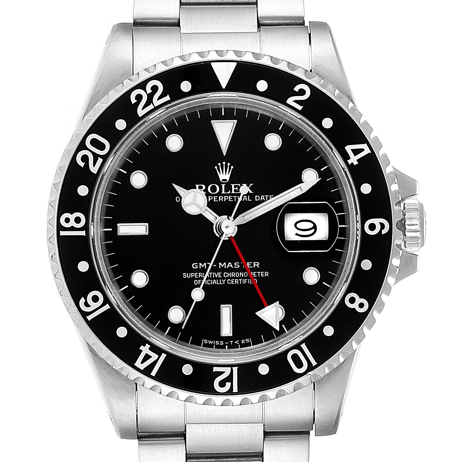 The image shows a front view of the Rolex GMT-Master 16700 Men's Stainless Steel Black Dial 16700 Men's Stainless Steel Black Dial watch, highlighting the dial, bezel, and part of the bracelet.