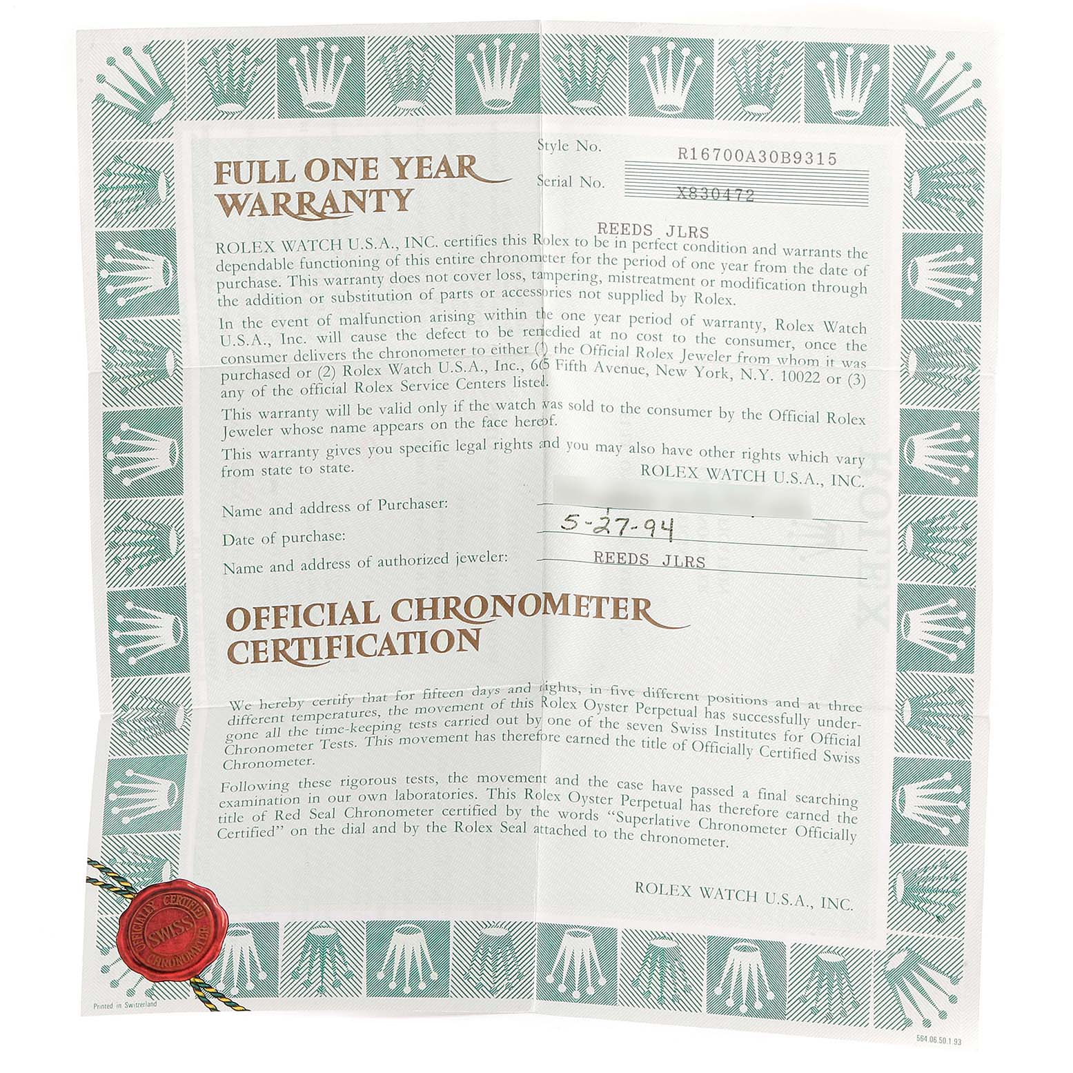 This is a close-up image of the warranty certificate for a Rolex GMT-Master 16700 Men's Stainless Steel Black Dial 16700 Men's Stainless Steel Black Dial watch.