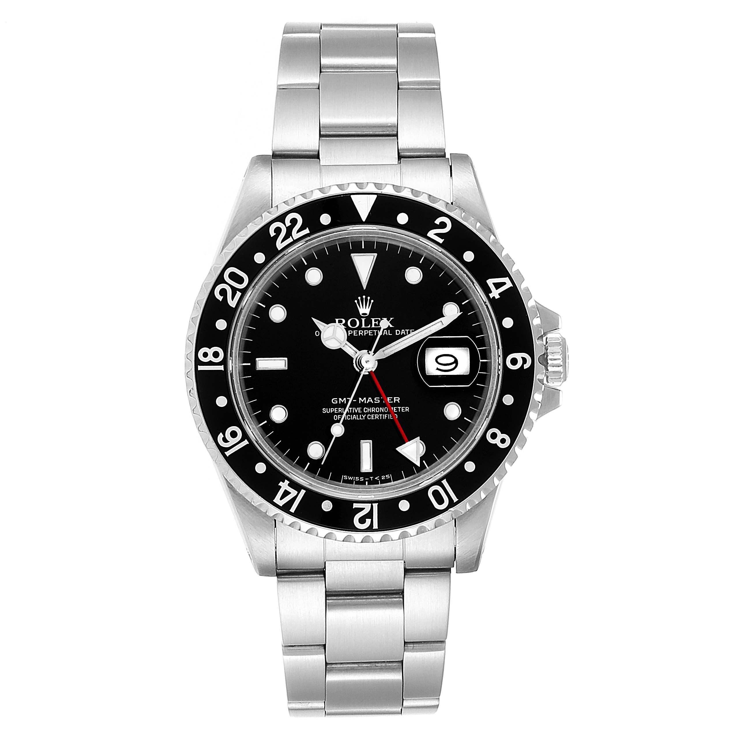This Rolex GMT-Master 16700 Men's Stainless Steel Black Dial 16700 Men's Stainless Steel Black Dial watch is shown from the front, displaying its bezel, dial, hands, and bracelet.