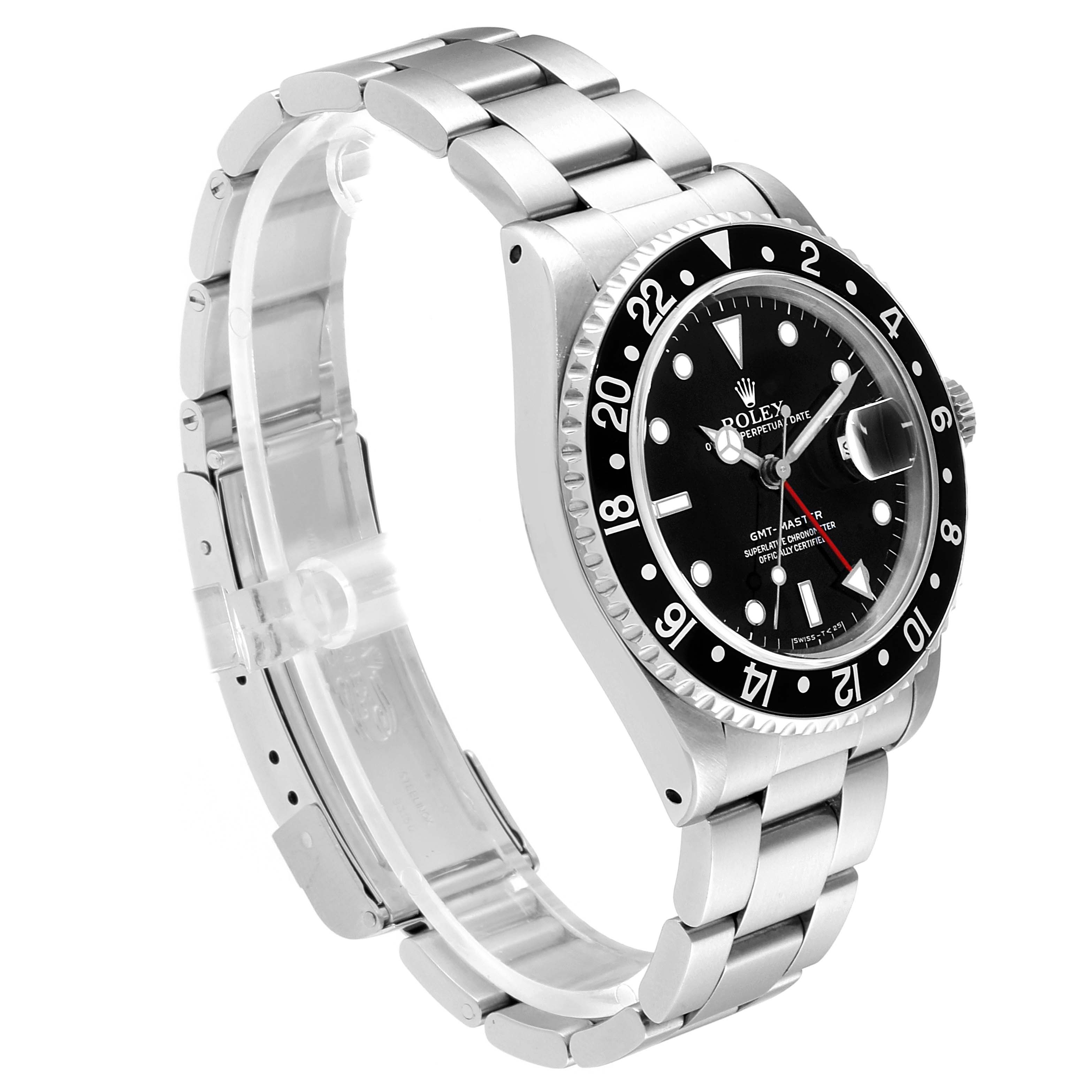 This image shows a side-angle view of a Rolex GMT-Master 16700 Men's Stainless Steel Black Dial 16700 Men's Stainless Steel Black Dial watch, highlighting the bezel, dial, and bracelet.