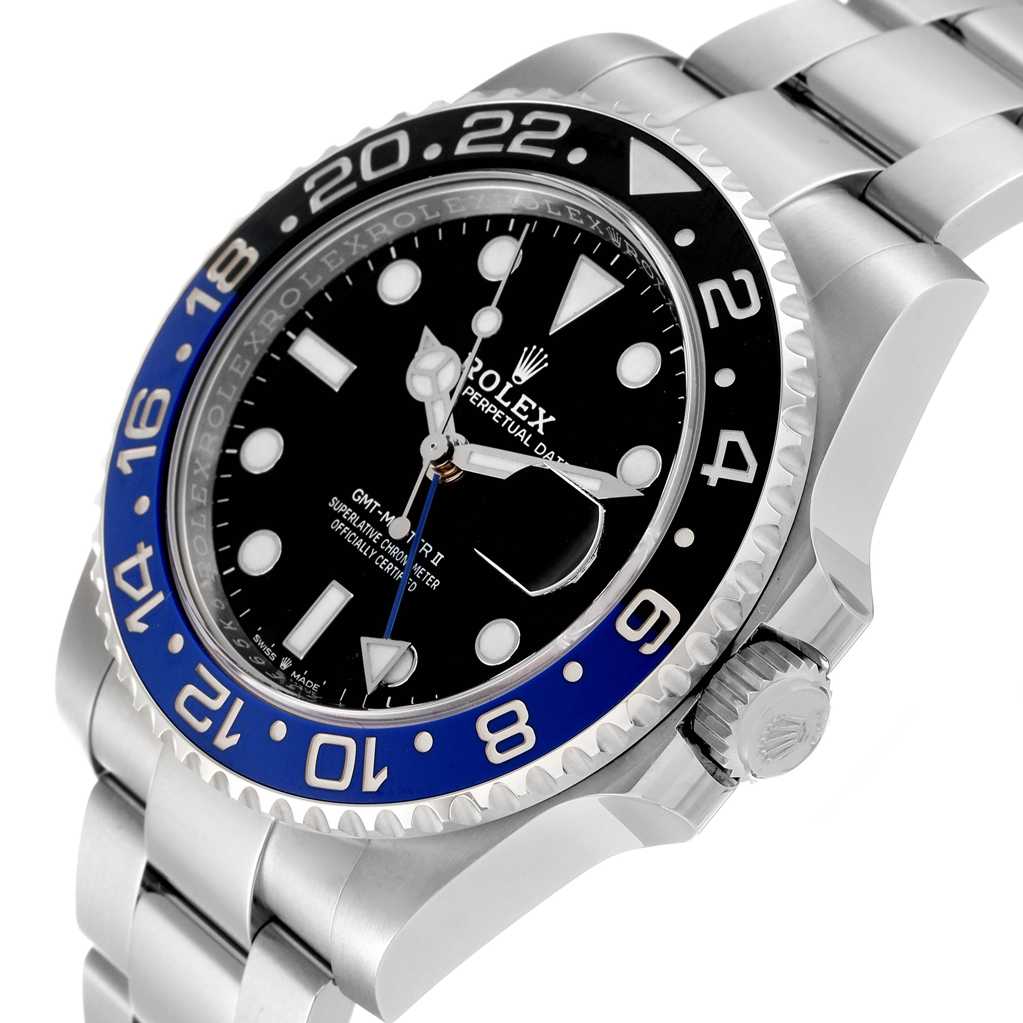 This image shows a Rolex GMT-Master 126710 Men's Stainless Steel Black Dial 126710 Men's Stainless Steel Black Dial watch at an angled view, highlighting the bezel, dial, crown, and part of the bracelet.
