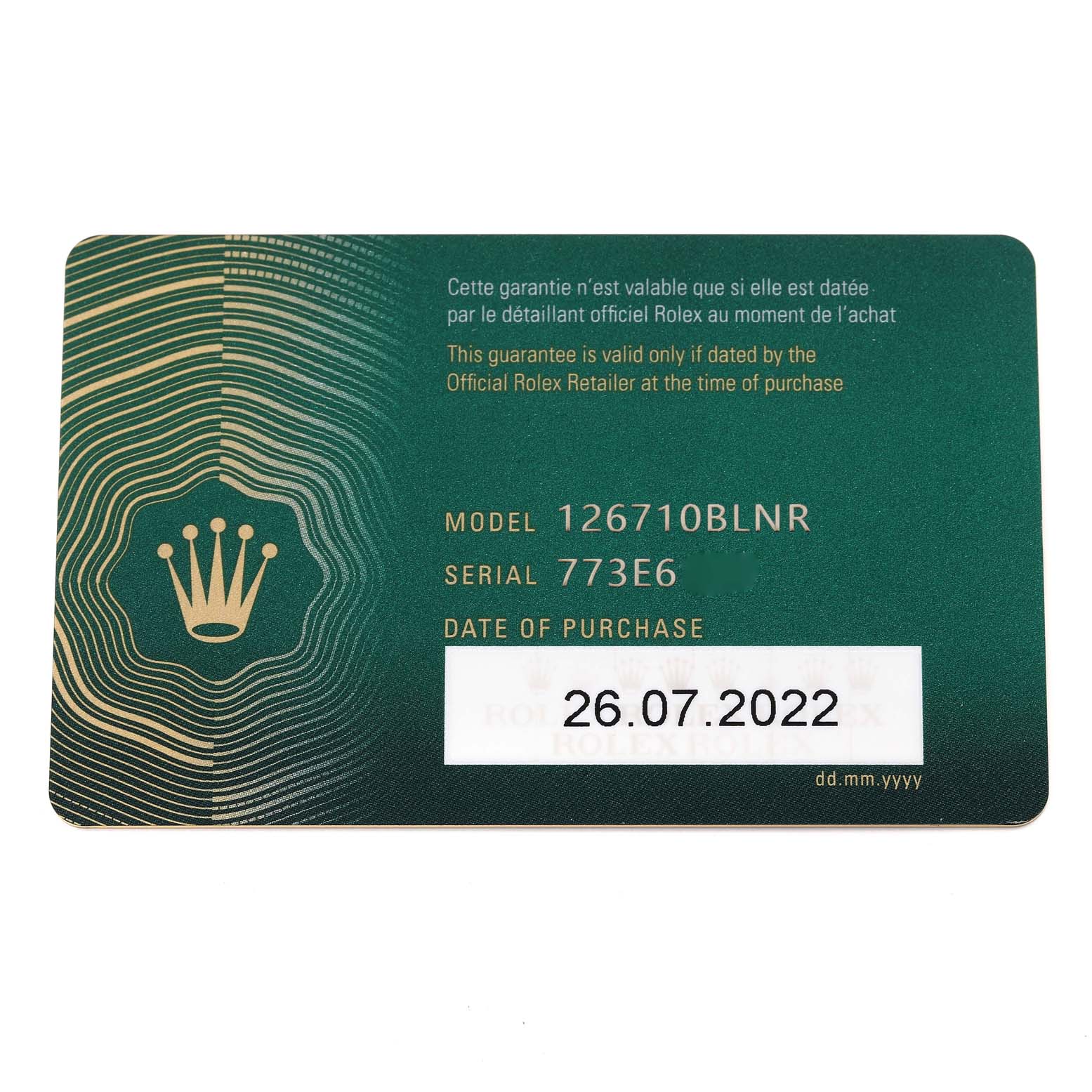 This image shows the warranty card for the Rolex GMT-Master 126710 Men's Stainless Steel Black Dial 126710 Men's Stainless Steel Black Dial model 126710BLNR watch.