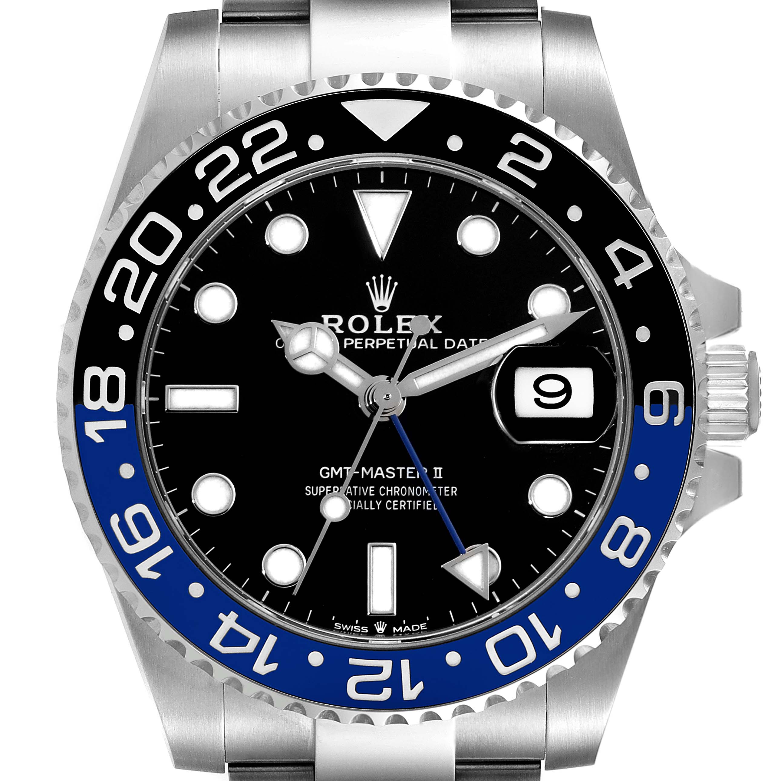 Front view of the Rolex GMT-Master 126710 Men's Stainless Steel Black Dial 126710 Men's Stainless Steel Black Dial II watch showing face, bezel, hands, date window, and bracelet.
