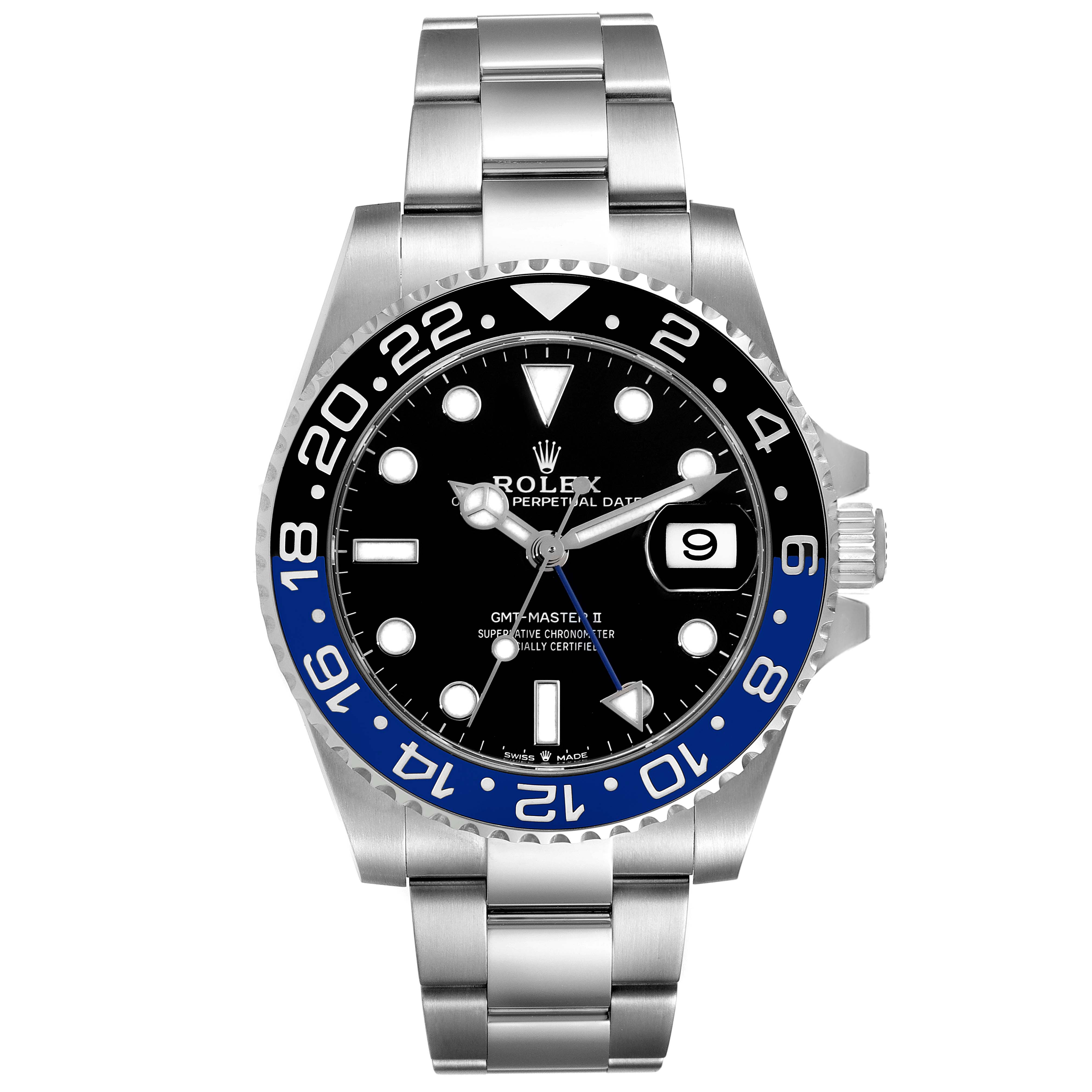 The image shows a front view of a Rolex GMT-Master 126710 Men's Stainless Steel Black Dial 126710 Men's Stainless Steel Black Dial II watch, displaying the bezel, dial, hands, bracelet, and date window.