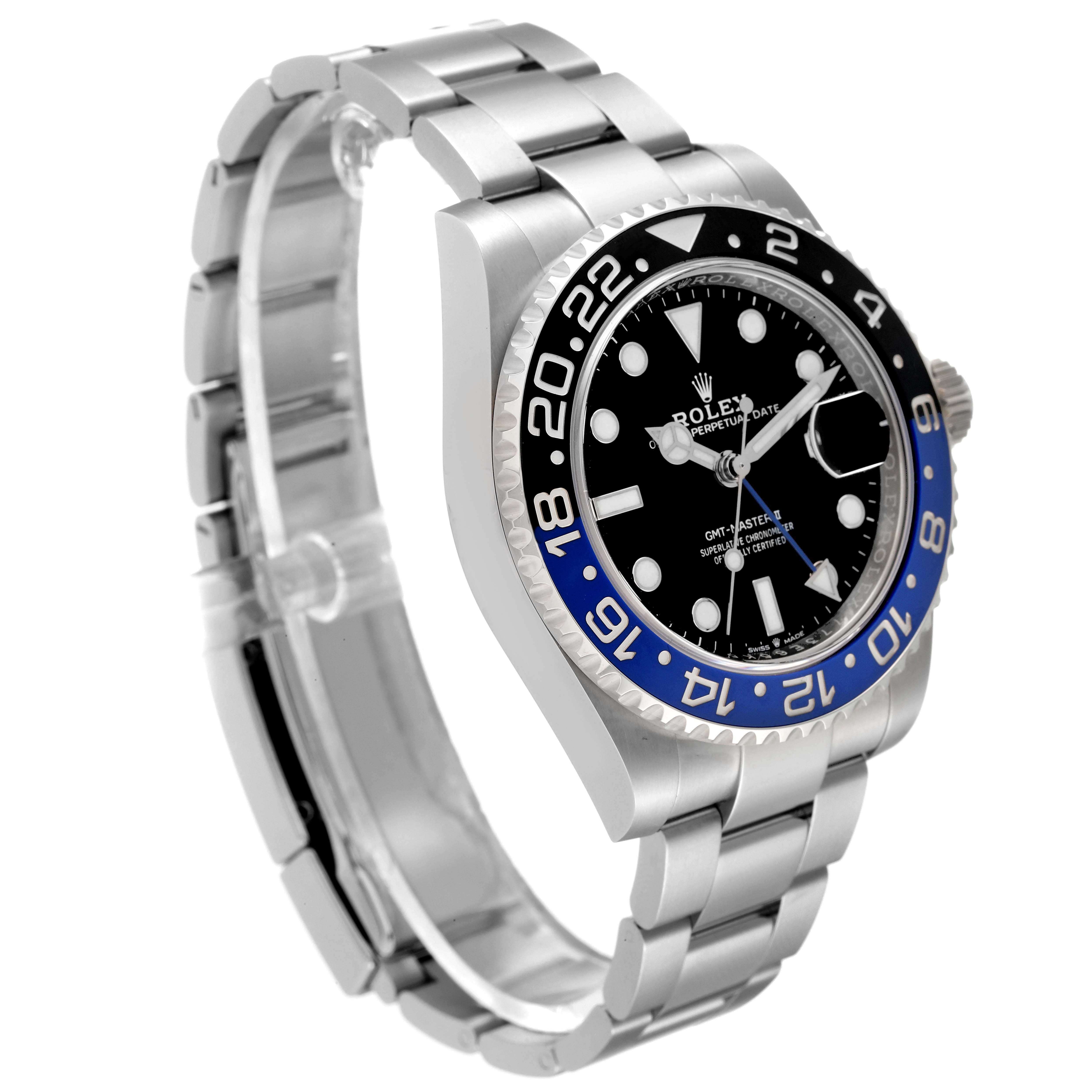 The Rolex GMT-Master 126710 Men's Stainless Steel Black Dial 126710 Men's Stainless Steel Black Dial watch is shown at a three-quarter angle, highlighting the bezel, dial, bracelet, and crown.