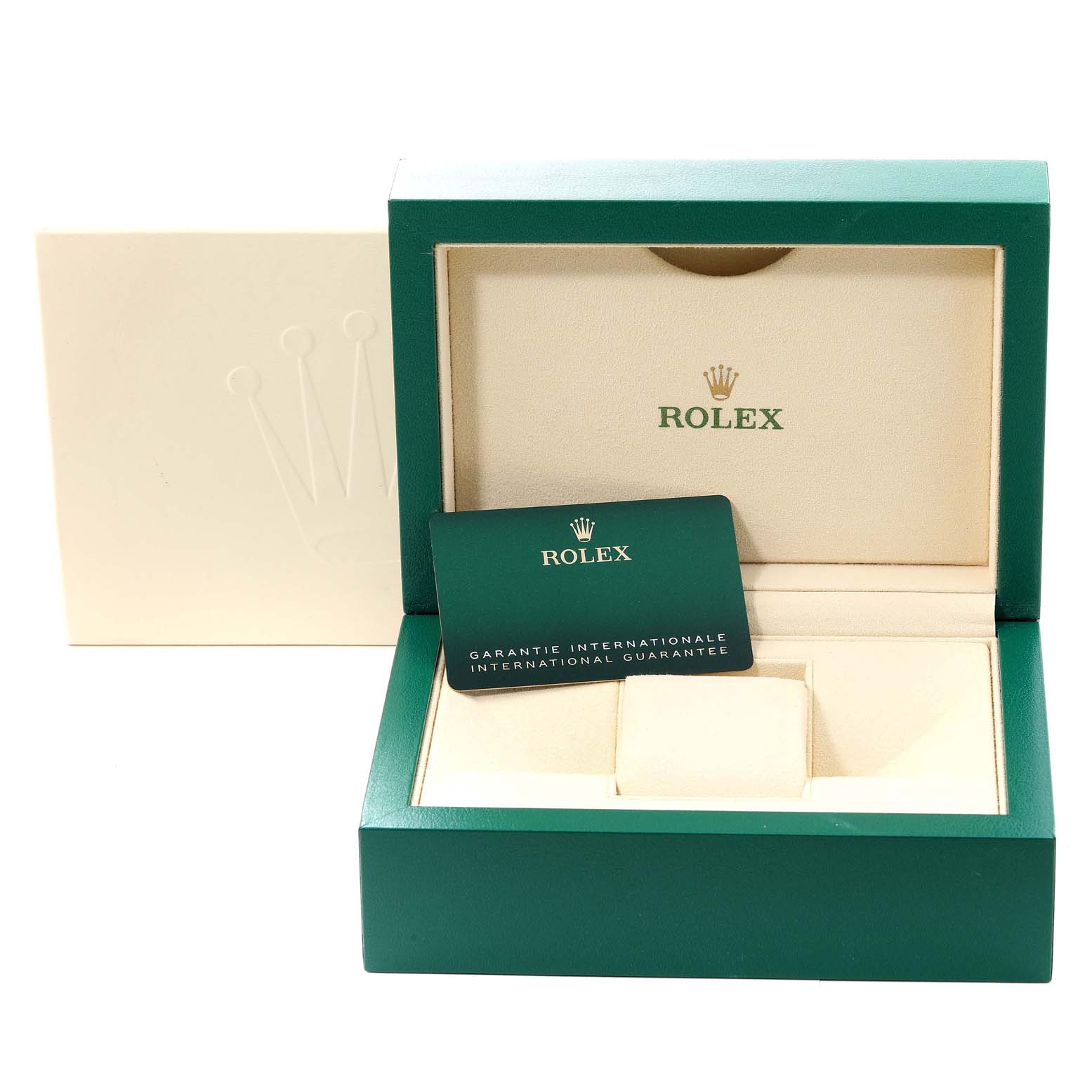 The image shows the Rolex GMT-Master 126710 Men's Stainless Steel Black Dial 126710 Men's Stainless Steel Black Dial watch accessories including a green box and international guarantee card.