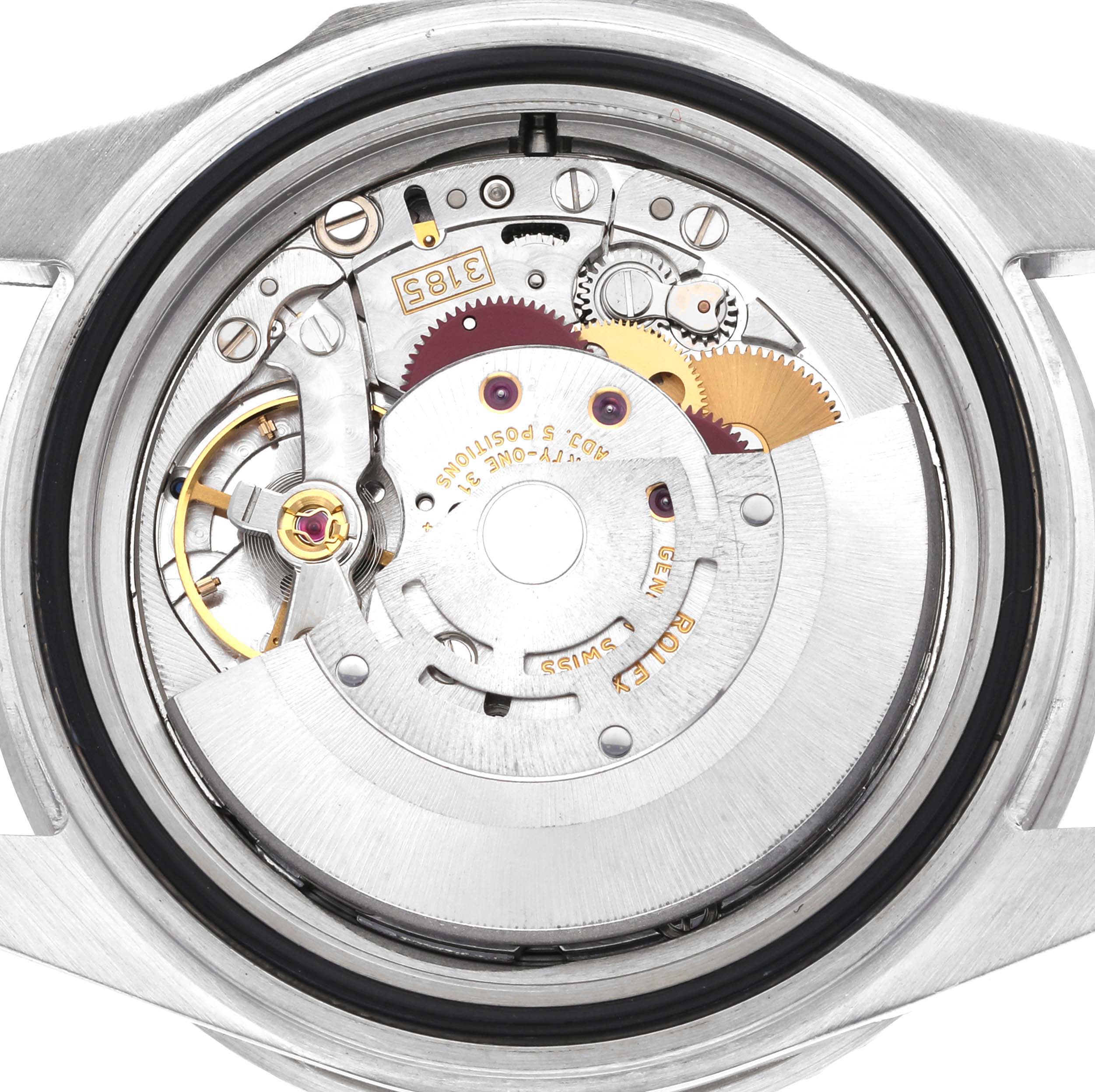 The image shows the backside of the Rolex GMT-Master 16710 Men
s Stainless Steel Black Dial 16710 Men
s Stainless Steel Black Dial watch, displaying its intricate mechanical movement.