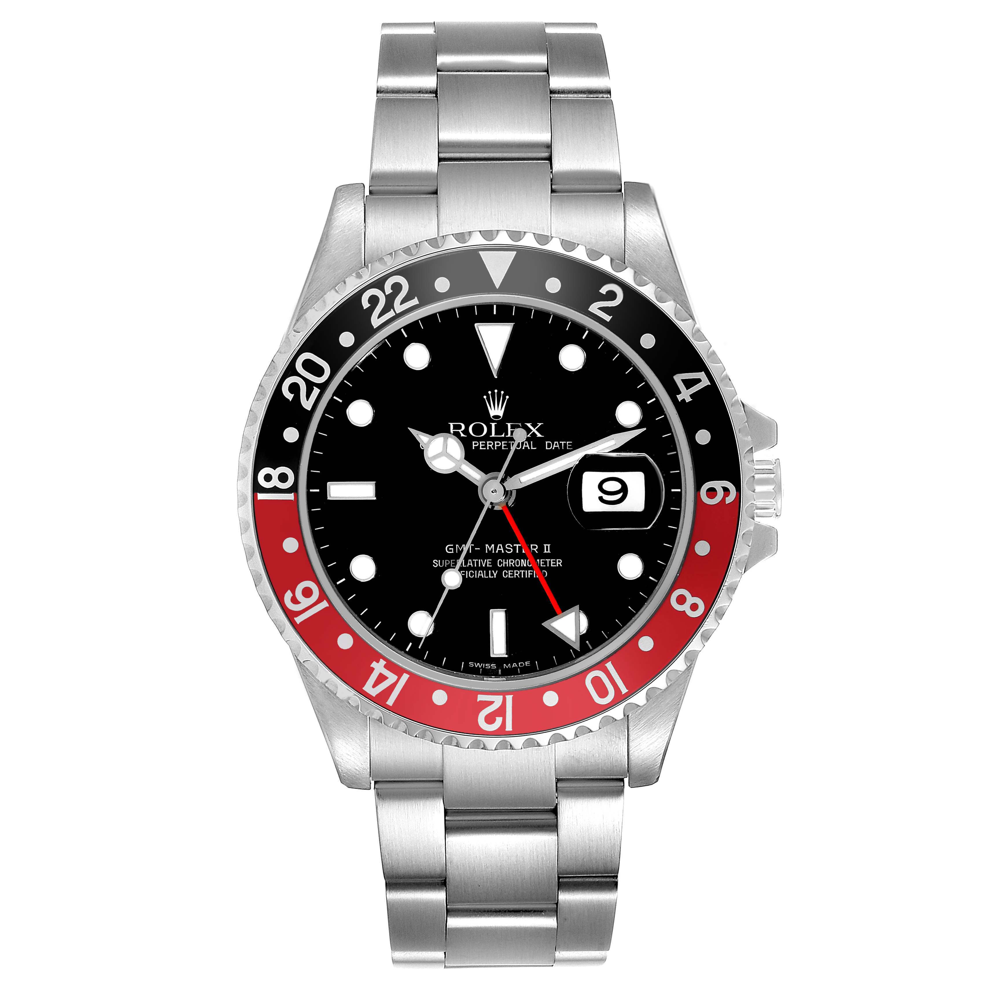 The Rolex GMT-Master 16710 Men
s Stainless Steel Black Dial 16710 Men
s Stainless Steel Black Dial is shown from a front angle, highlighting the bezel, dial, hands, and bracelet.
