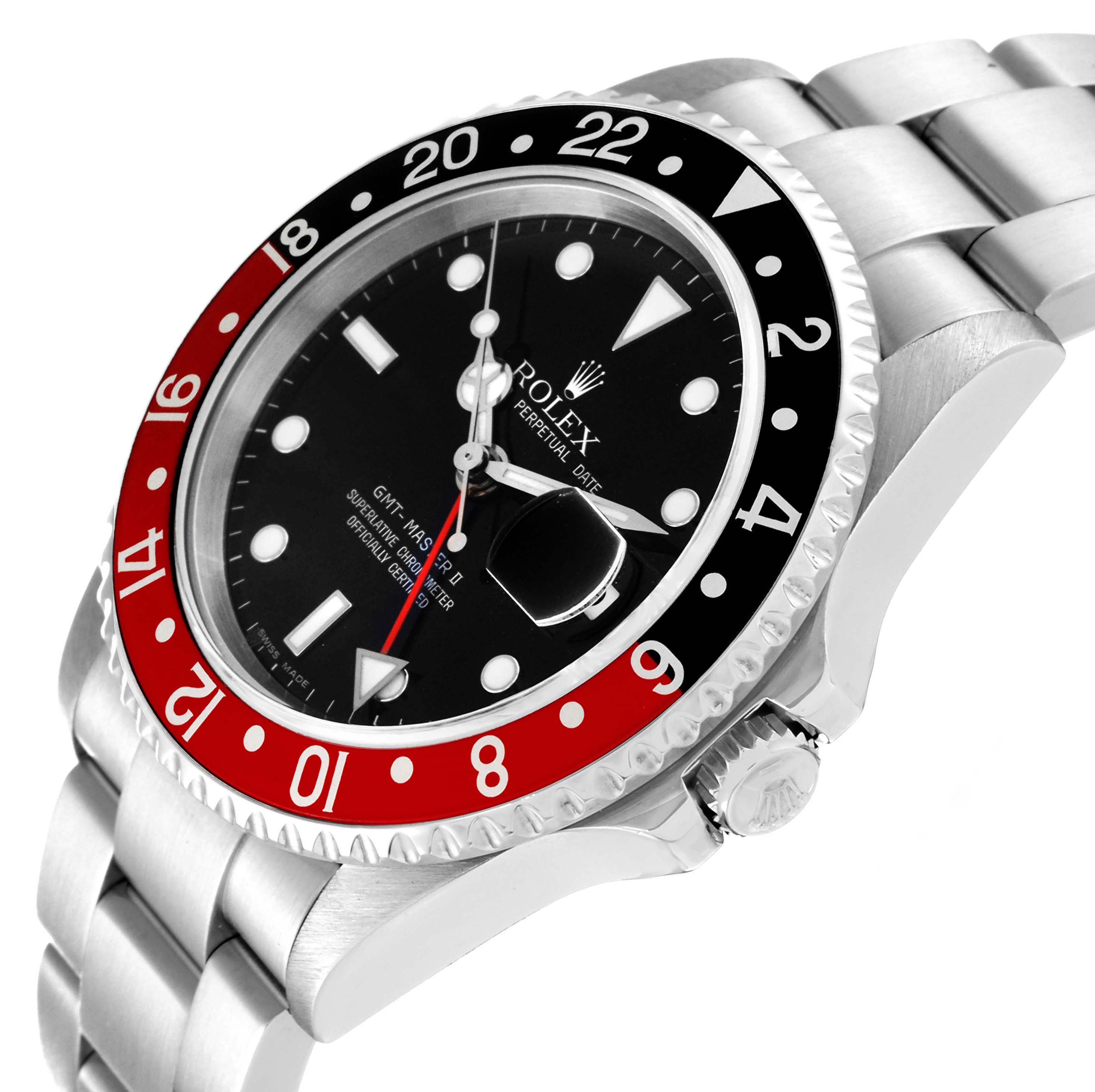 The Rolex GMT-Master 16710 Men
s Stainless Steel Black Dial 16710 Men
s Stainless Steel Black Dial watch is shown from a front-side angle, highlighting its bezel, dial, and bracelet.