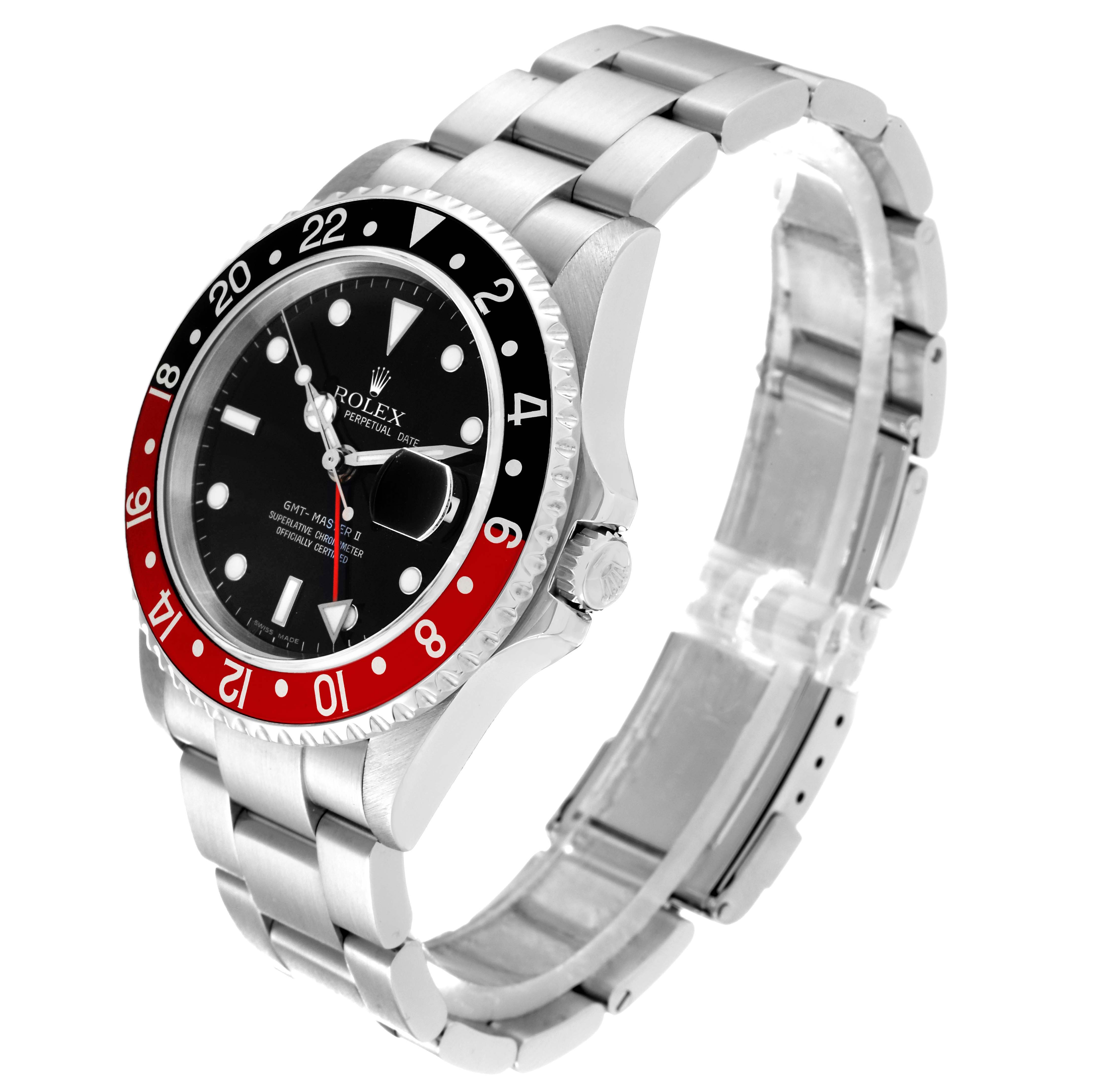 The Rolex GMT-Master 16710 Men
s Stainless Steel Black Dial 16710 Men
s Stainless Steel Black Dial watch is shown at an angled side view highlighting the bezel, dial, and bracelet.
