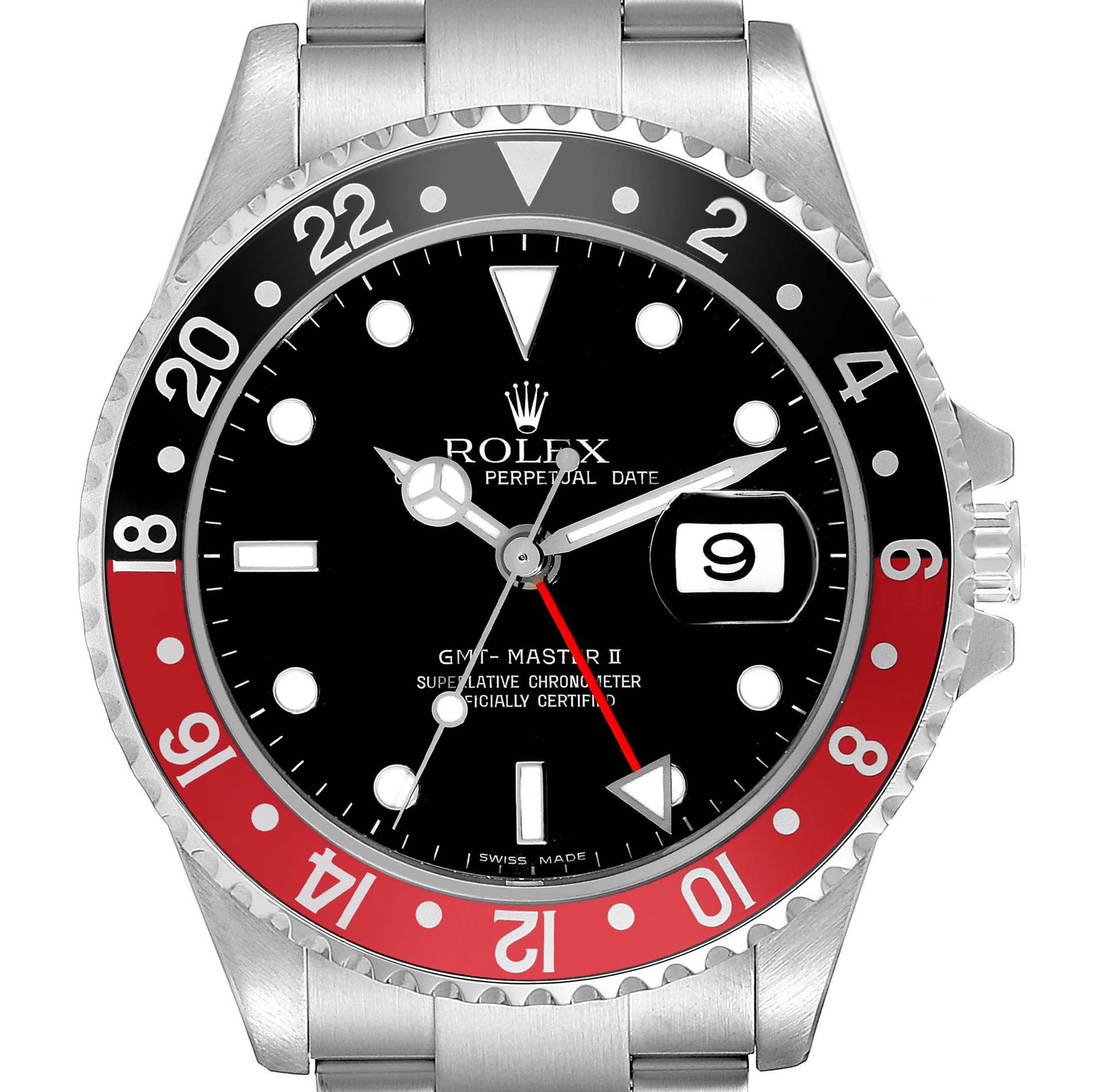 The Rolex GMT-Master 16710 Men
s Stainless Steel Black Dial 16710 Men
s Stainless Steel Black Dial watch is shown from a top-down angle, displaying the bezel, dial, hands, and date window.